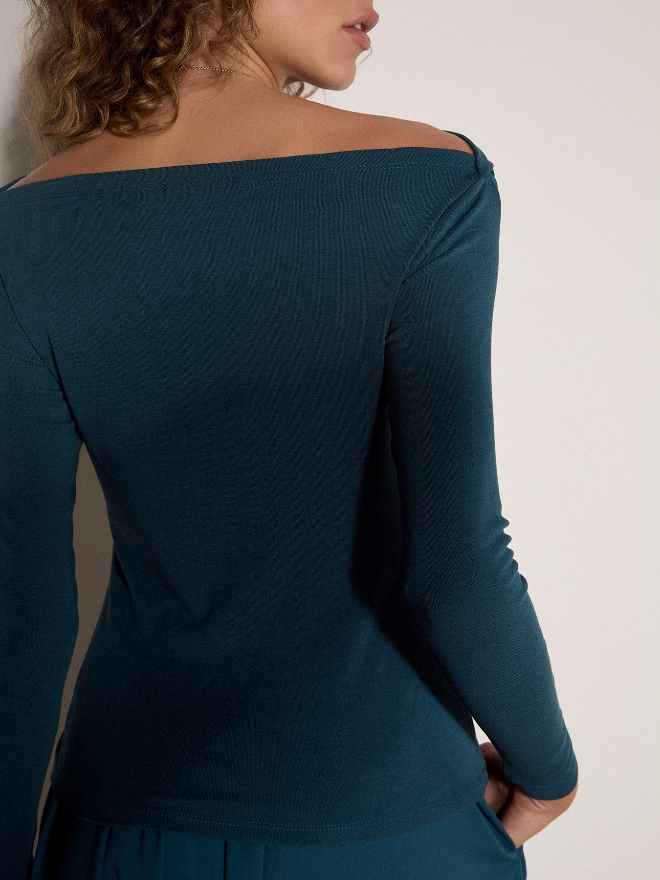 Image 2 of 4 of Apricot Womens Slash Neck Stretch Long Sleeve Blouse - Green