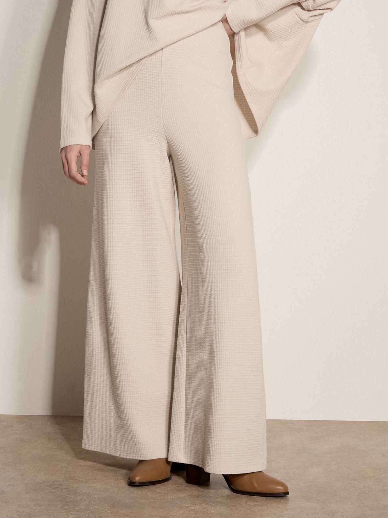 Apricot Waffle Textured Clean Waist Wide Leg Joggers - Cream