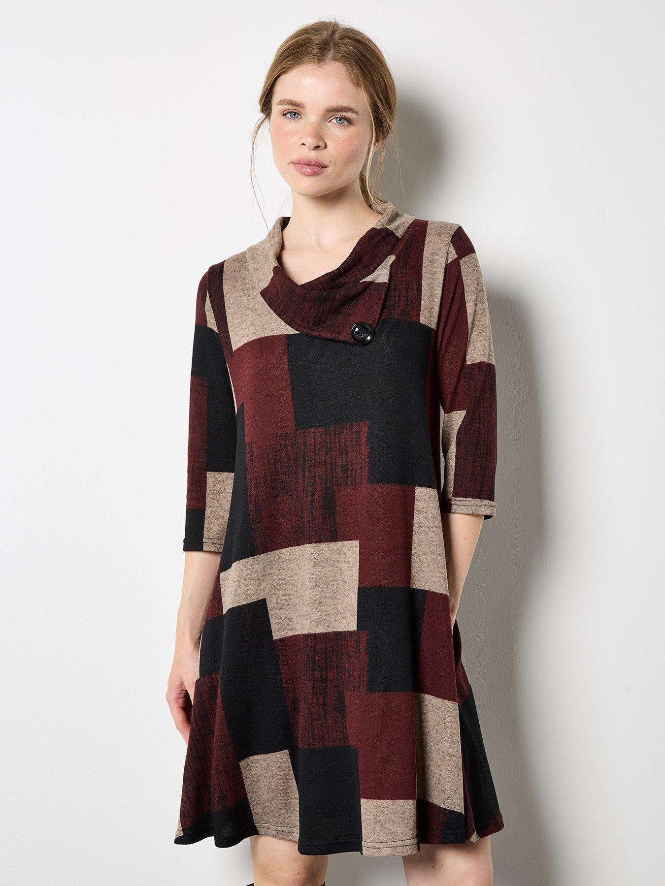 Image 1 of 5 of Apricot Womens Colour Block Flap Neck Swing Dress - Red