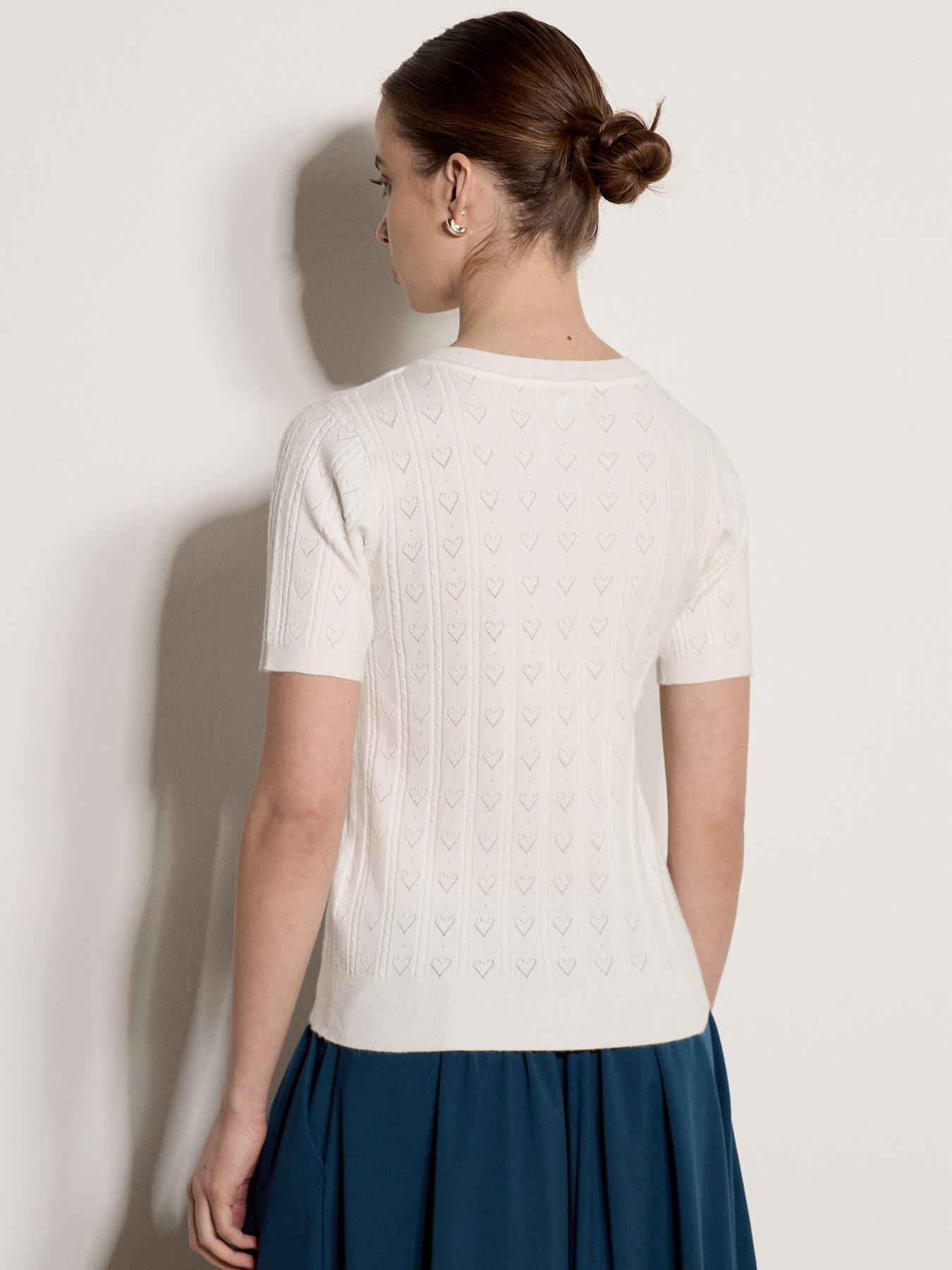 Image 2 of 4 of Apricot Womens Pointelle Heart Crew Neck Knitted Blouse - White