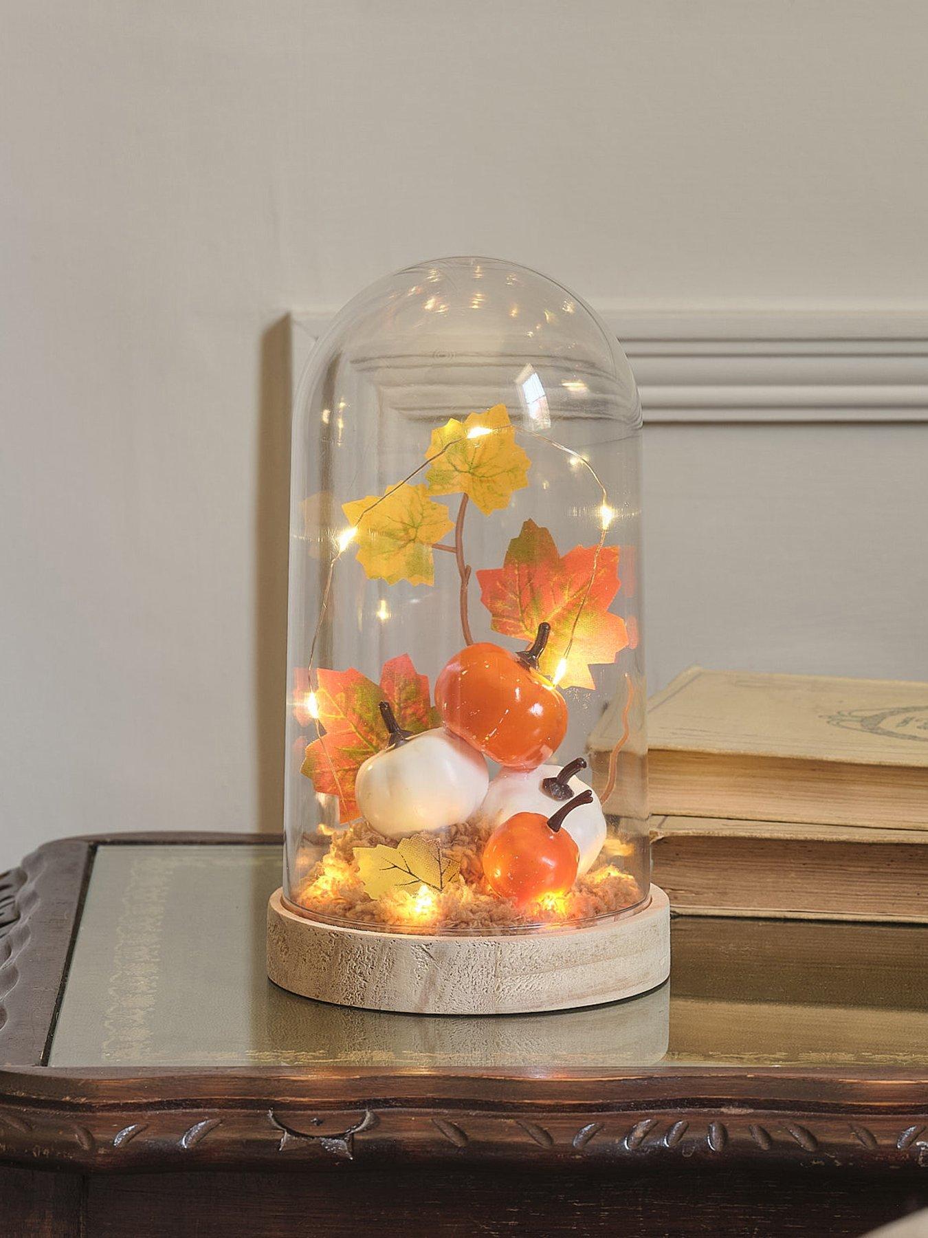 Lights4Fun Autumnal Glass Dome With Pumpkin Decorations & Warm White Leds