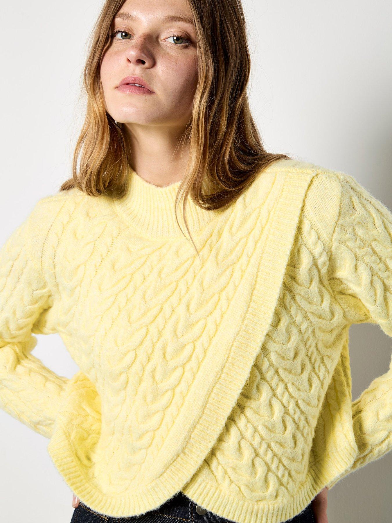 Image 1 of 4 of Apricot Apricot Womens Wrap-Over Cable Mock Neck Jumper - Yellow
