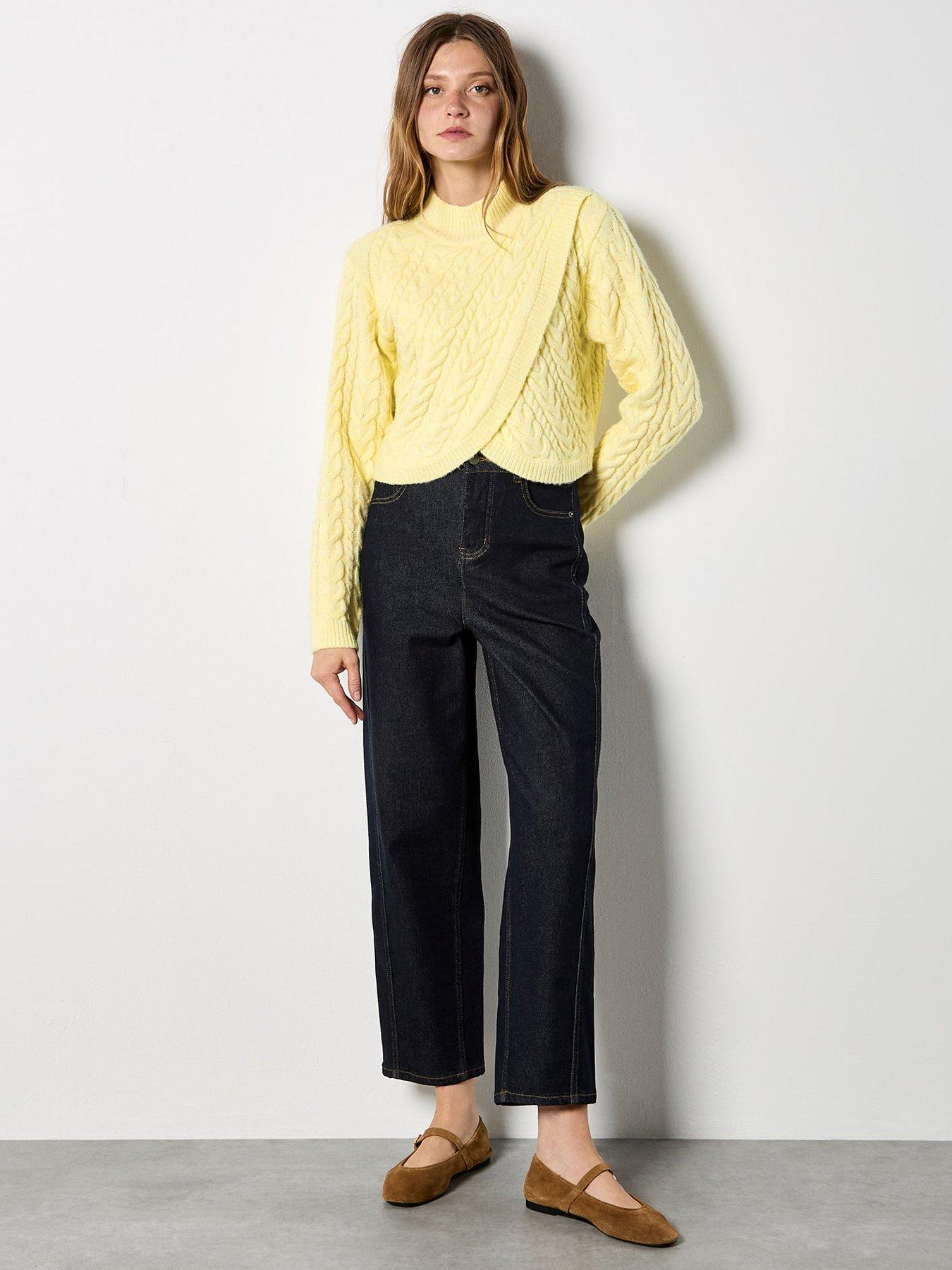 Image 3 of 4 of Apricot Apricot Womens Wrap-Over Cable Mock Neck Jumper - Yellow