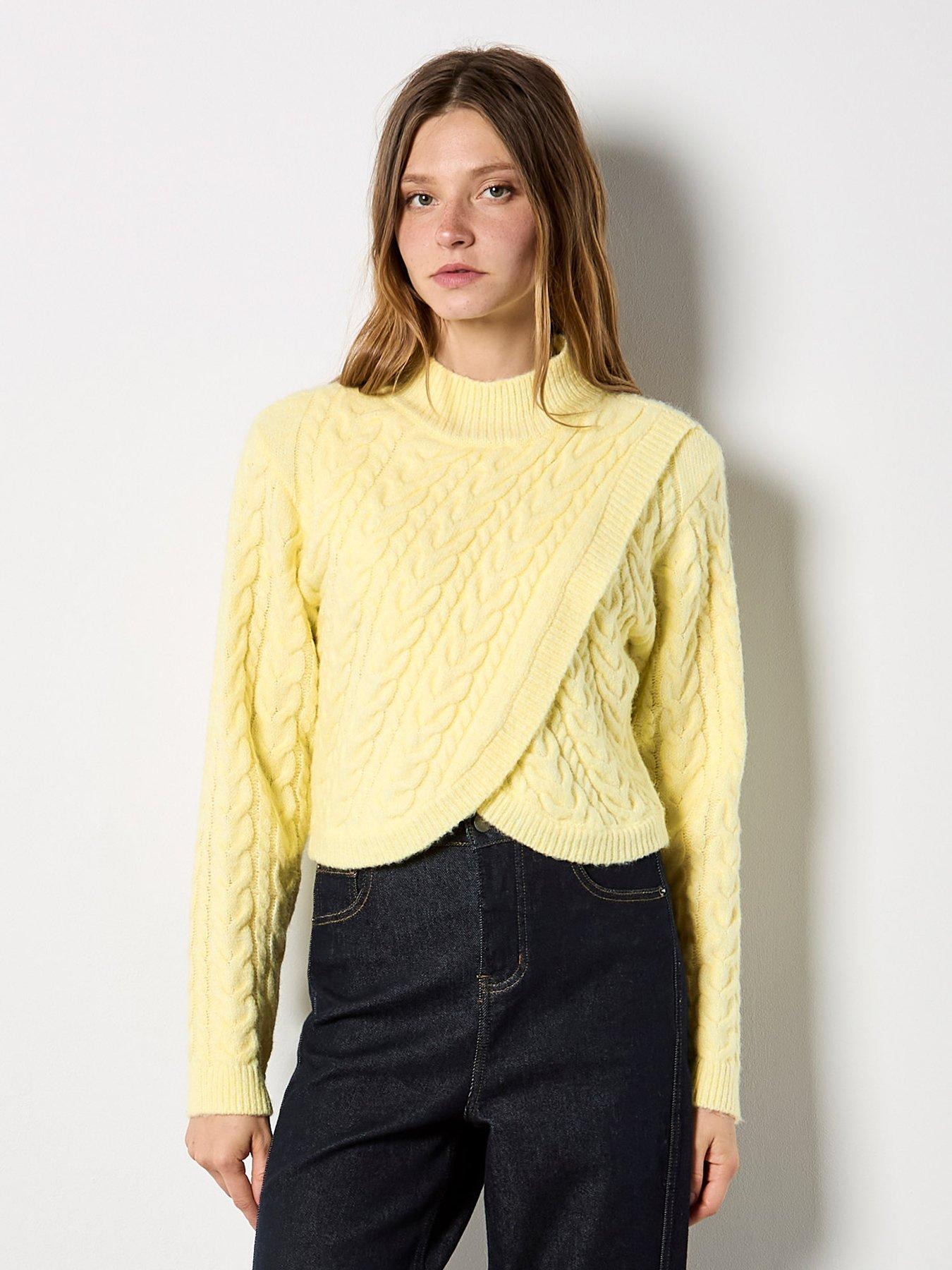 Image 4 of 4 of Apricot Apricot Womens Wrap-Over Cable Mock Neck Jumper - Yellow
