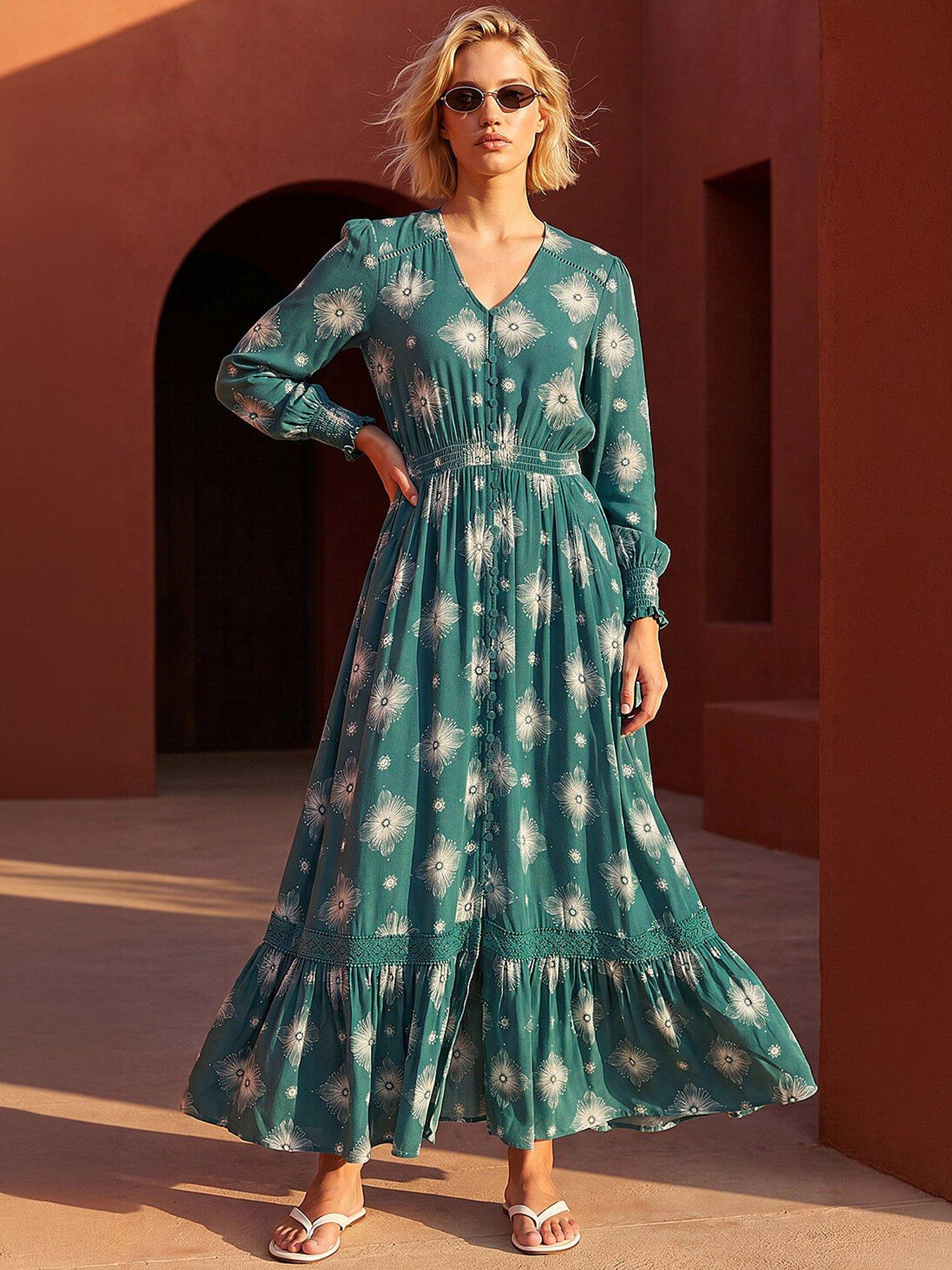 Roman Floral Lace Trim Midi Dress