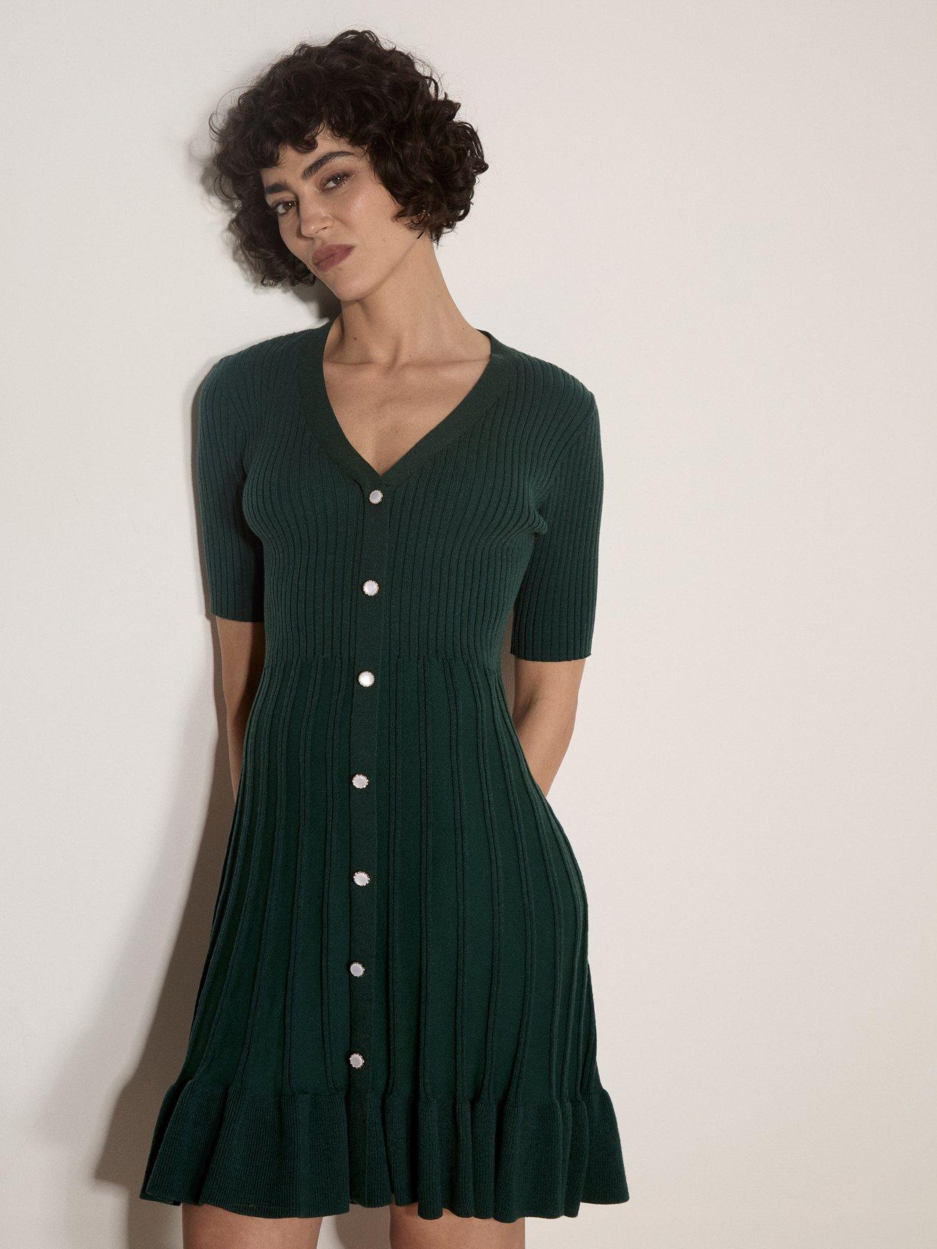 Image 1 of 4 of Apricot Womens Ribbed Fit And Flare Button Through Dress - Green