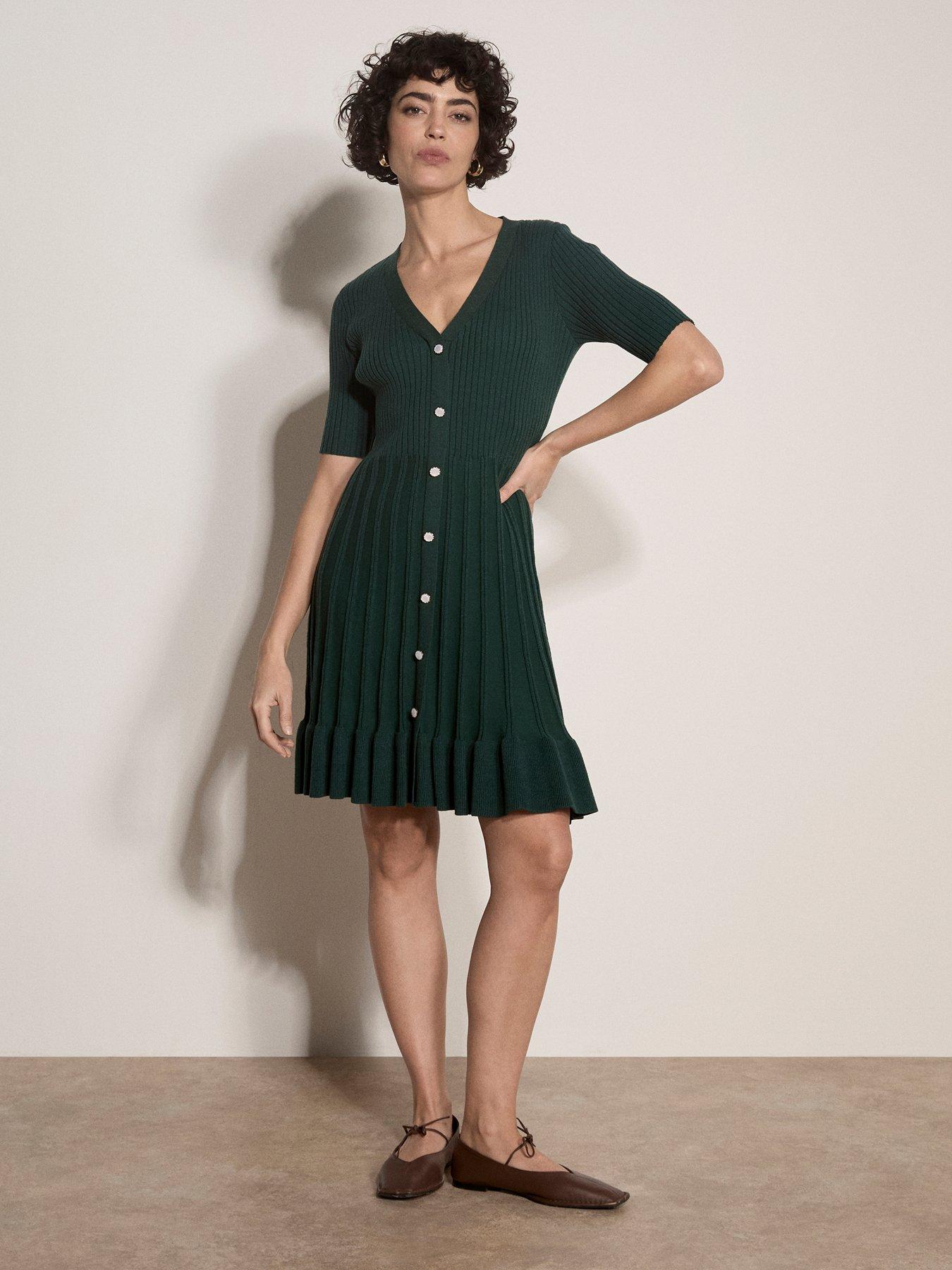 Image 3 of 4 of Apricot Womens Ribbed Fit And Flare Button Through Dress - Green