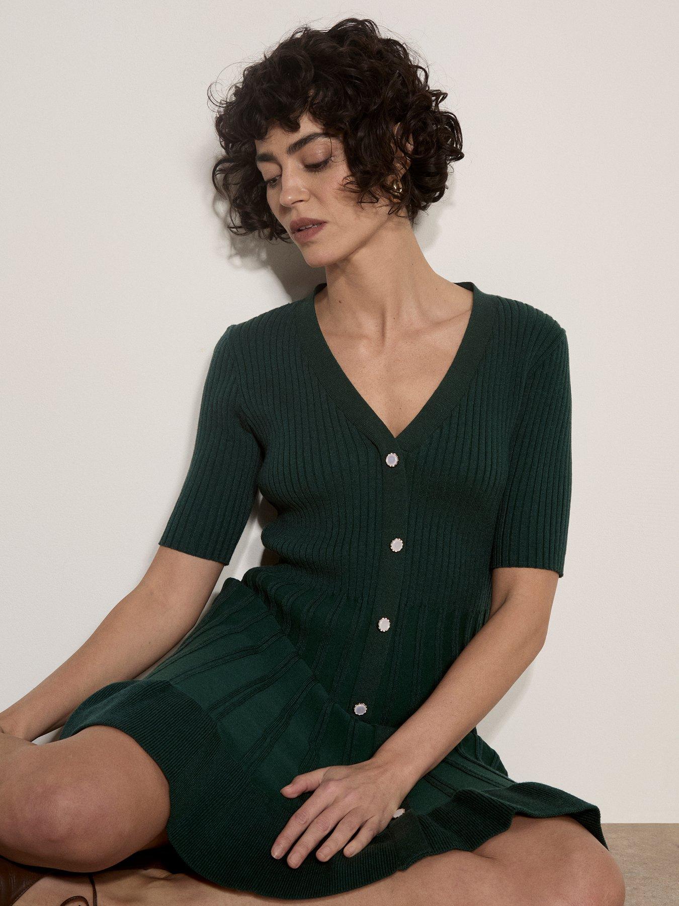 Image 4 of 4 of Apricot Womens Ribbed Fit And Flare Button Through Dress - Green