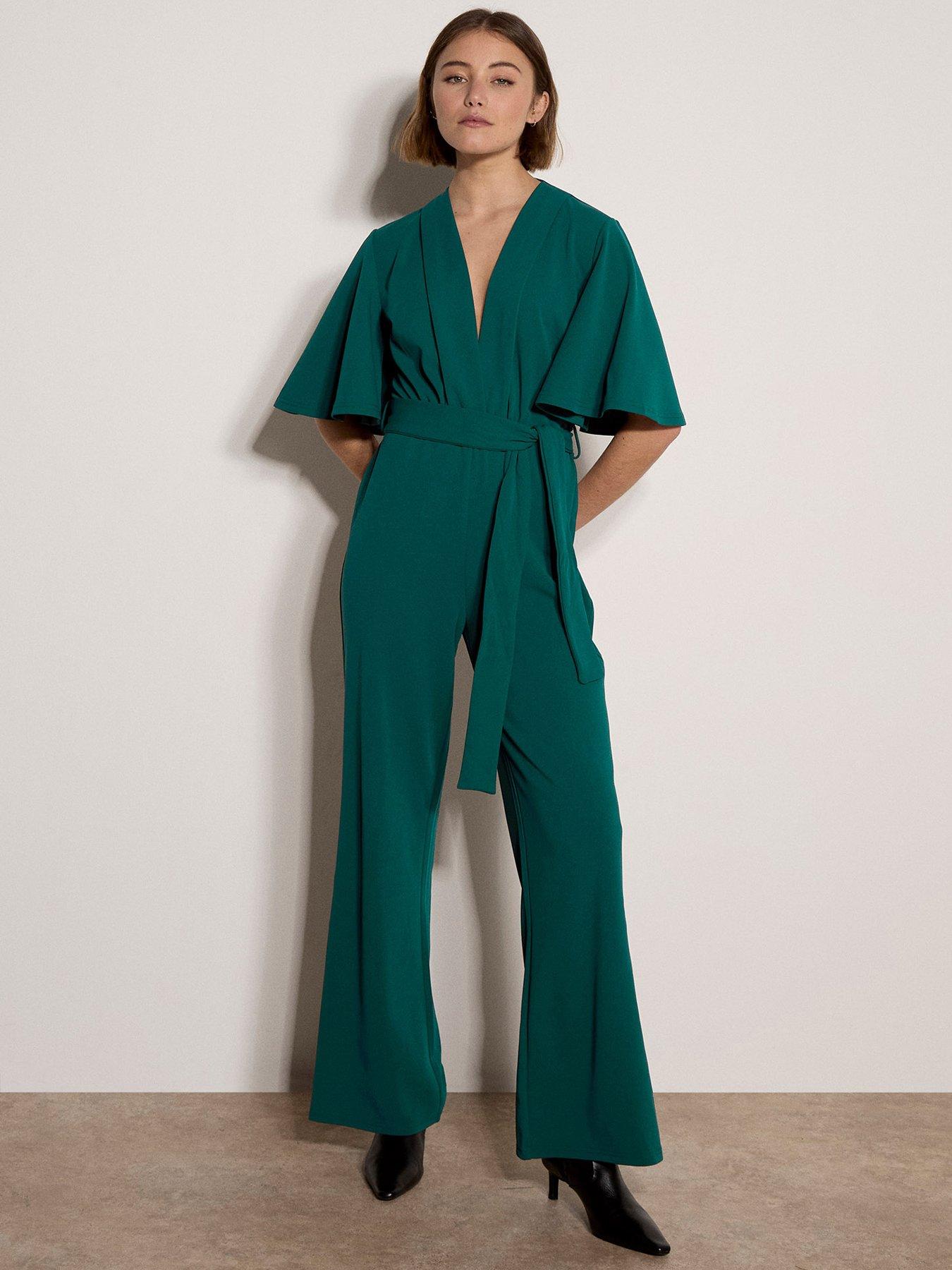 Image 1 of 5 of Apricot Womens V Neck Angel Sleeve Straight Leg Jumpsuit - Green