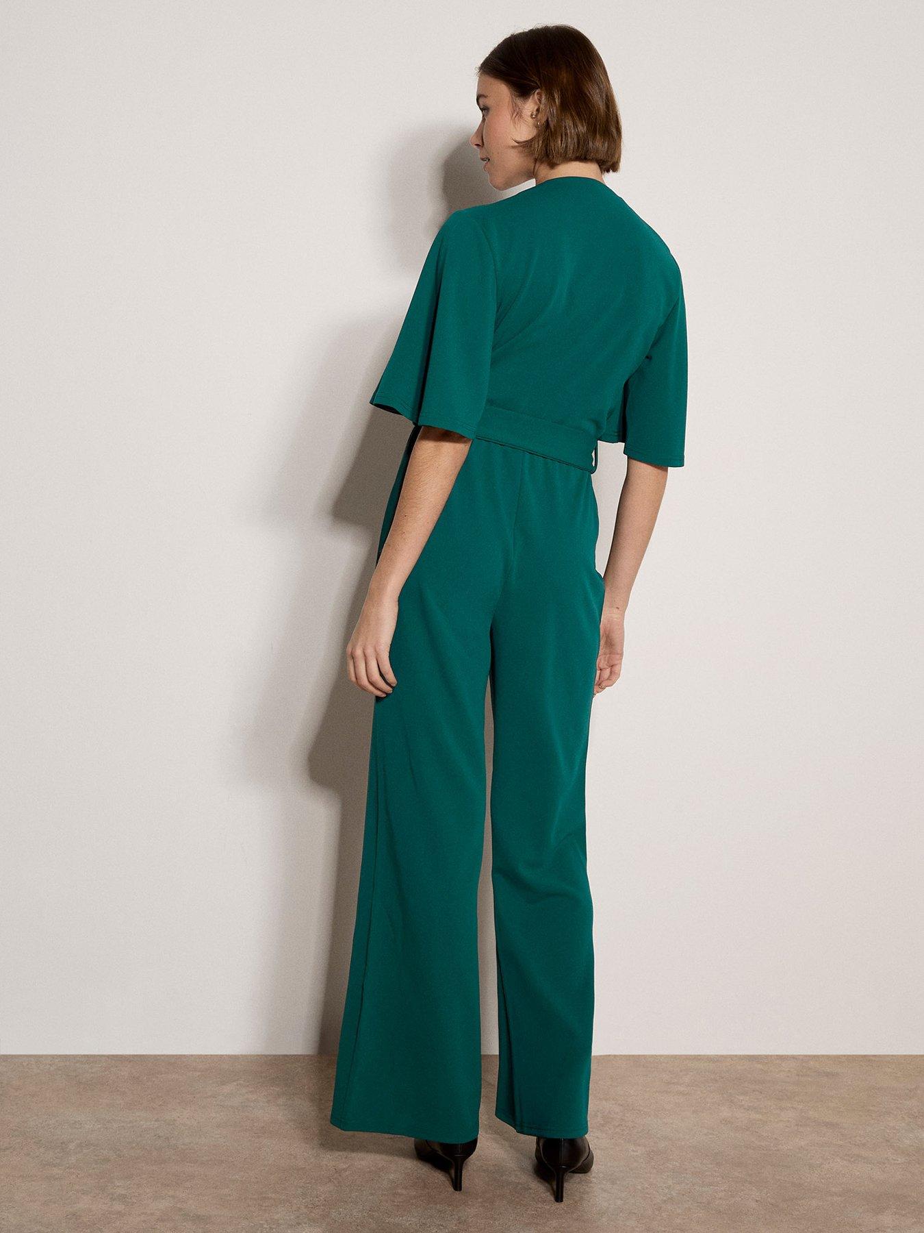 Image 2 of 5 of Apricot Womens V Neck Angel Sleeve Straight Leg Jumpsuit - Green