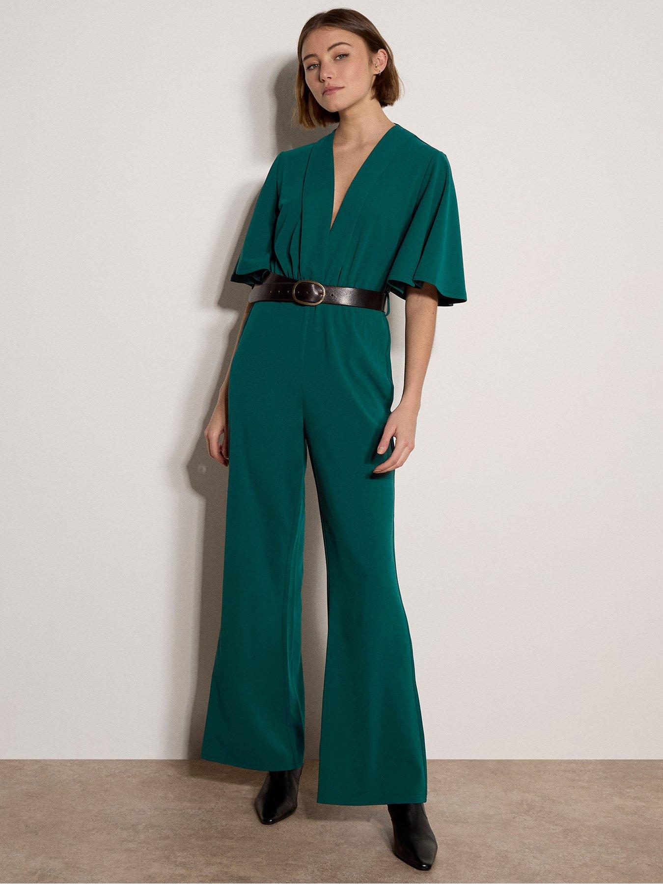 Image 3 of 5 of Apricot Womens V Neck Angel Sleeve Straight Leg Jumpsuit - Green