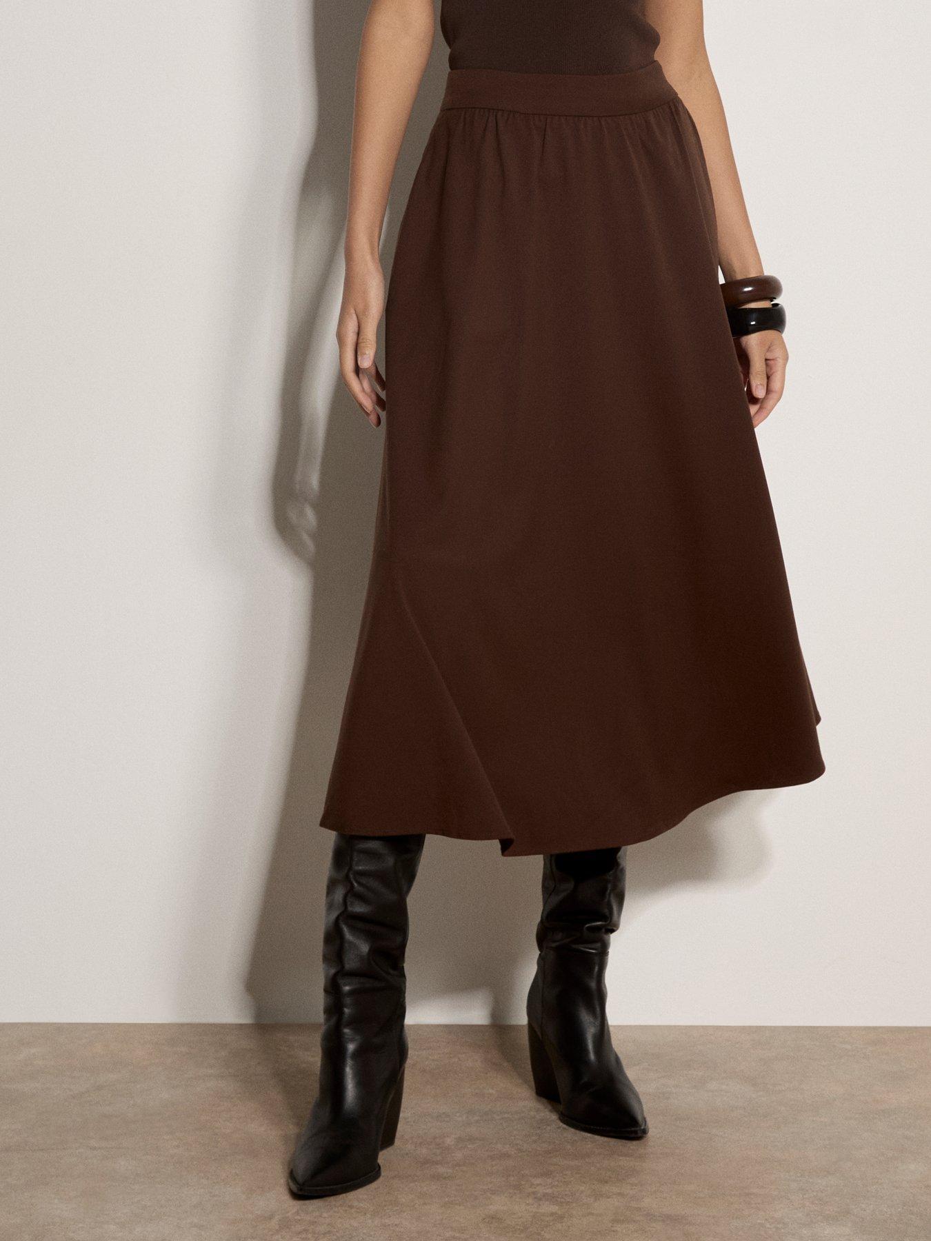 Image 1 of 5 of Apricot Womens Brushed Twill Elasticated Waist A-Line Midi Skirt - Brown
