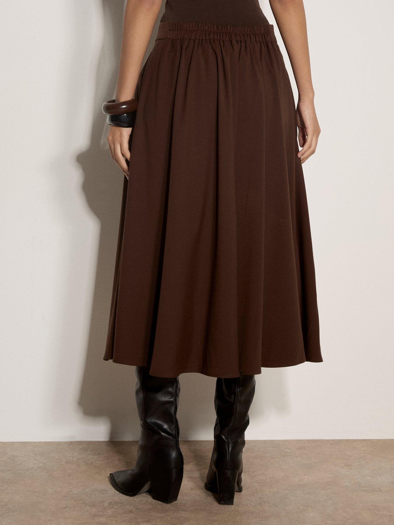 Image 2 of 5 of Apricot Womens Brushed Twill Elasticated Waist A-Line Midi Skirt - Brown