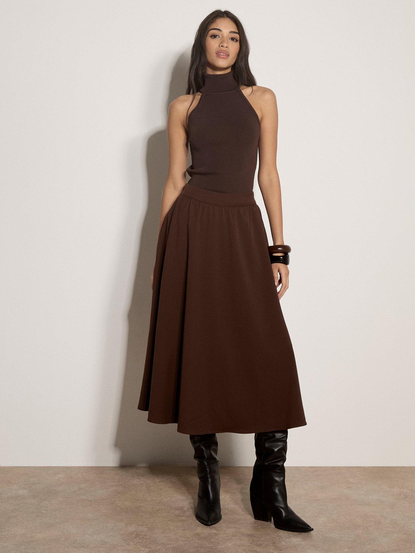 Image 3 of 5 of Apricot Womens Brushed Twill Elasticated Waist A-Line Midi Skirt - Brown