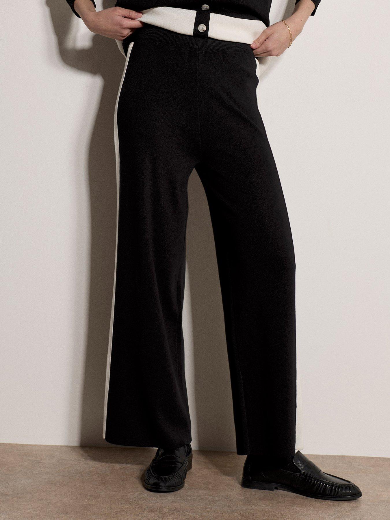 Image 1 of 4 of Apricot Apricot Womens Side Stripe Knitted Wide Leg Trousers - Black