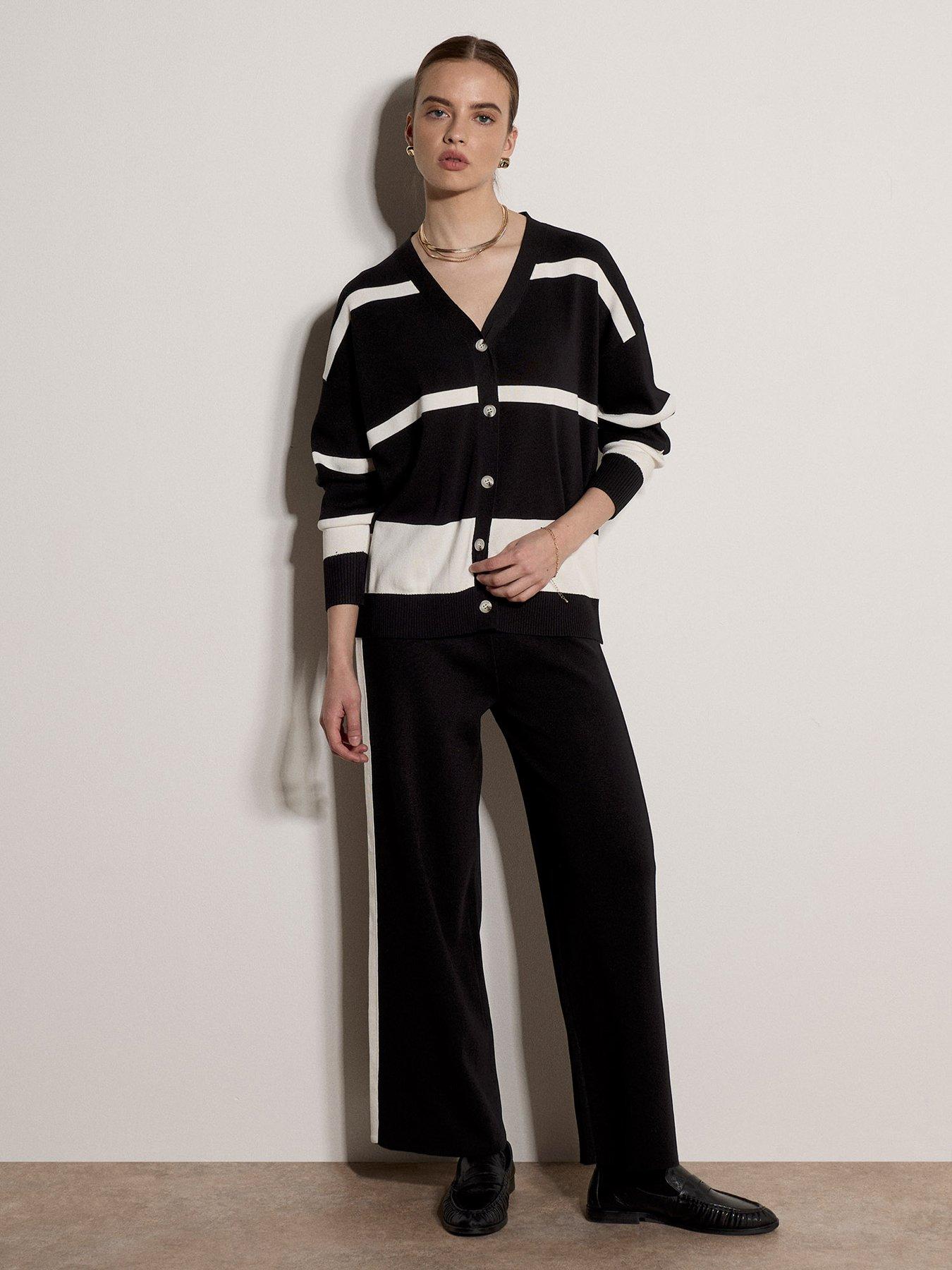 Image 3 of 4 of Apricot Apricot Womens Side Stripe Knitted Wide Leg Trousers - Black