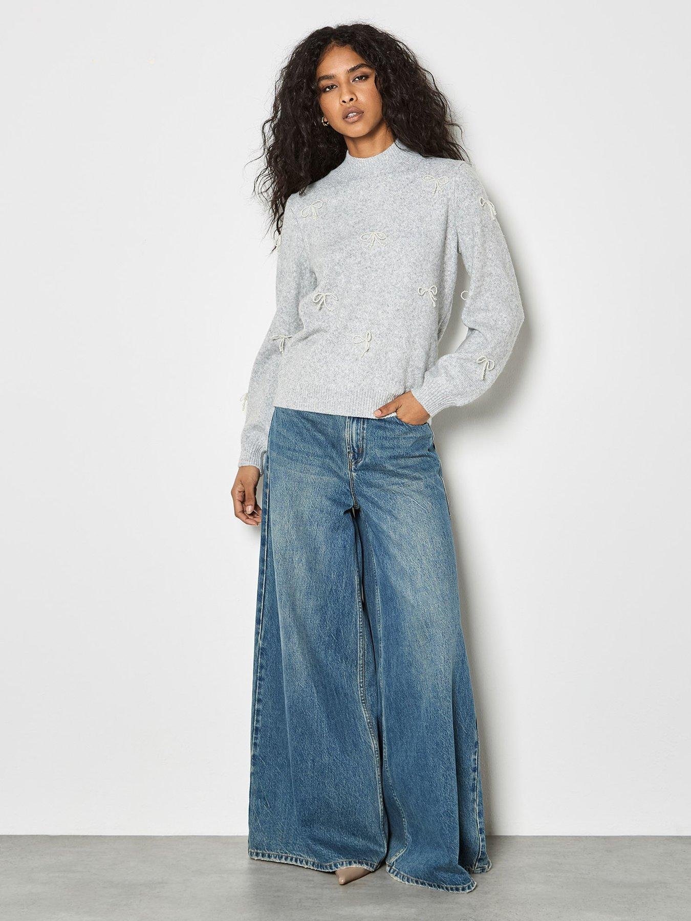 Image 3 of 4 of Apricot Womens Pearl Bow Mock Neck Jumper - Grey