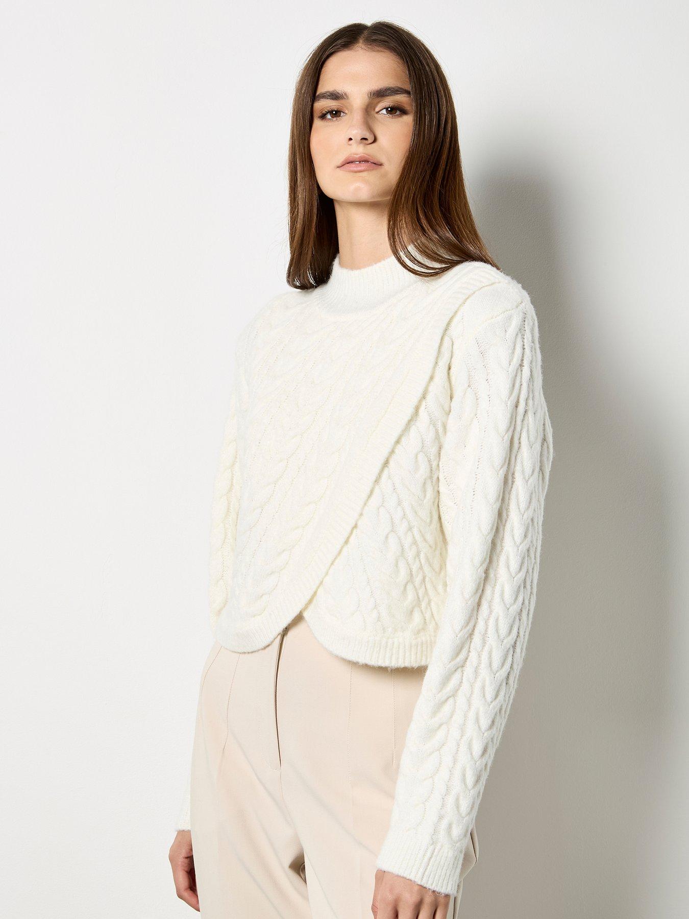 Apricot Cable Knit Wrap Over Mock Neck Jumper - Cream