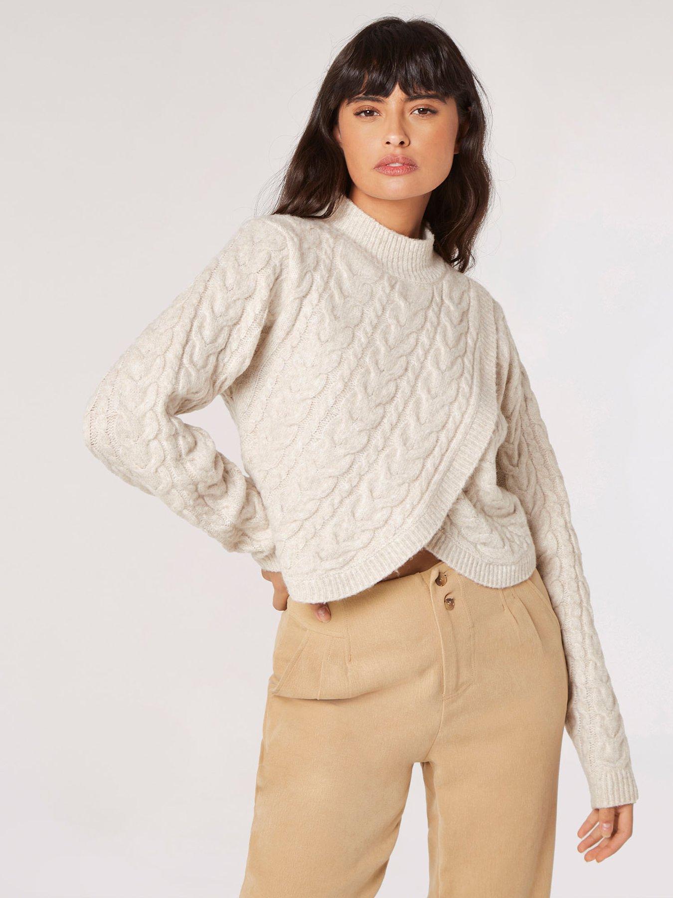 Apricot Apricot Cable Knit Wrap Over Mock Neck Jumper