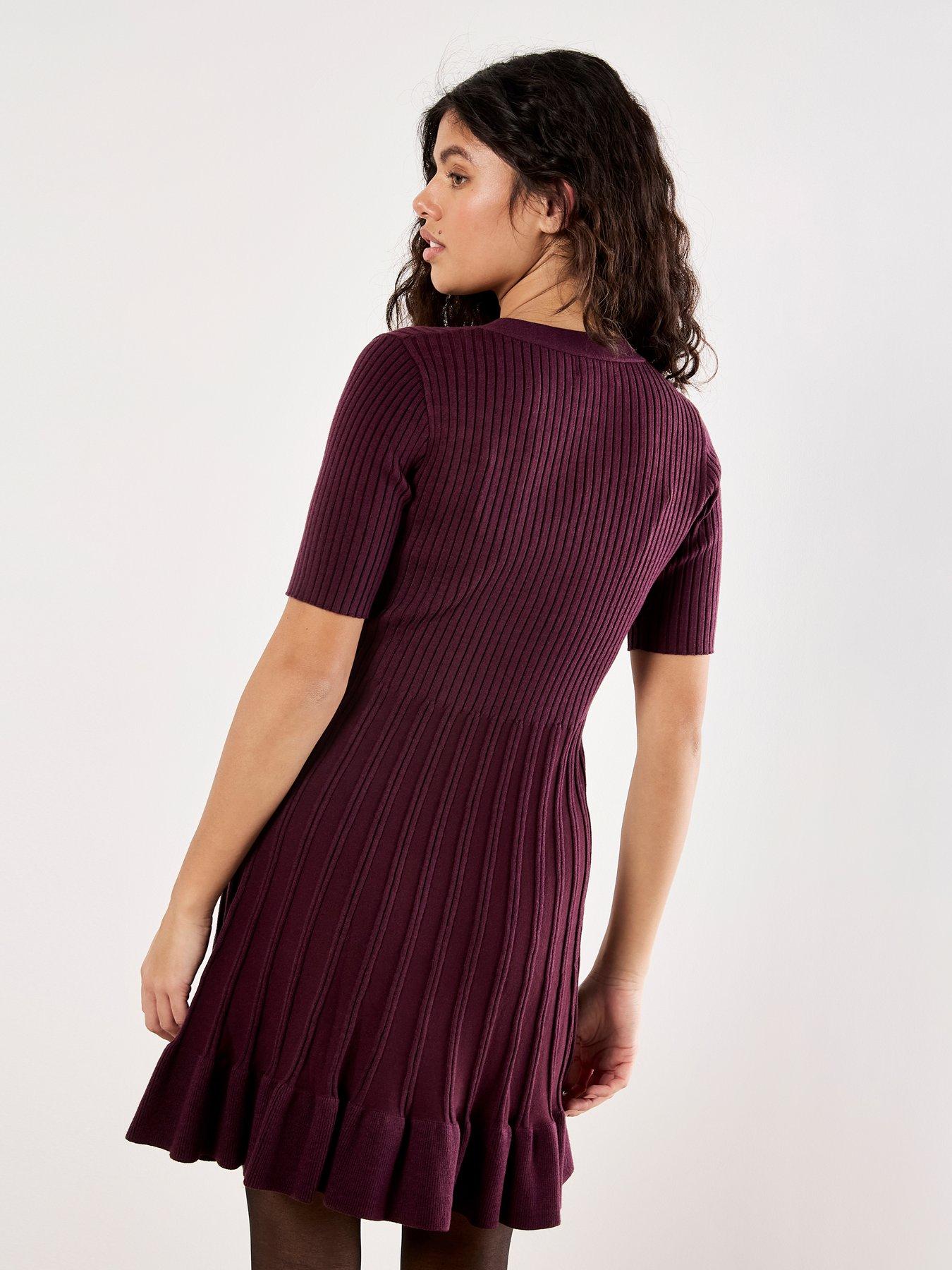 Image 2 of 4 of Apricot Womens Ribbed V-Neck Button-Through Dress - Red