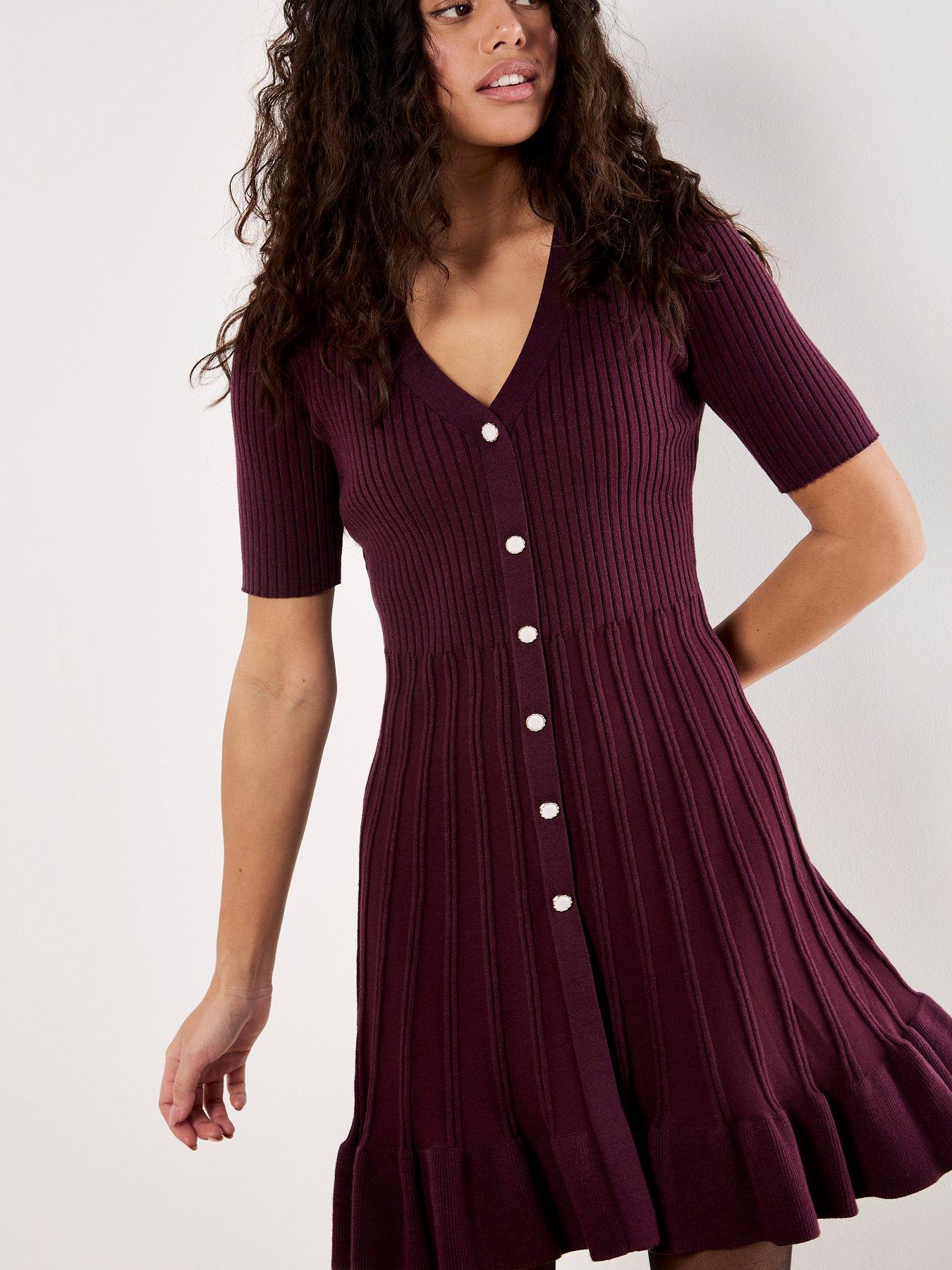 Image 4 of 4 of Apricot Womens Ribbed V-Neck Button-Through Dress - Red