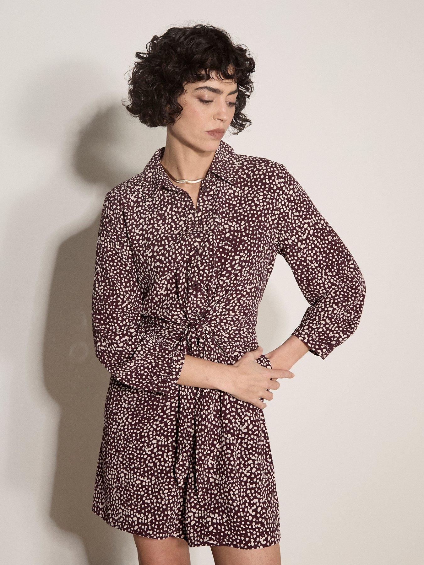 Image 5 of 5 of Apricot Womens Textured Spot Tie-Front Shirt Dress - Red