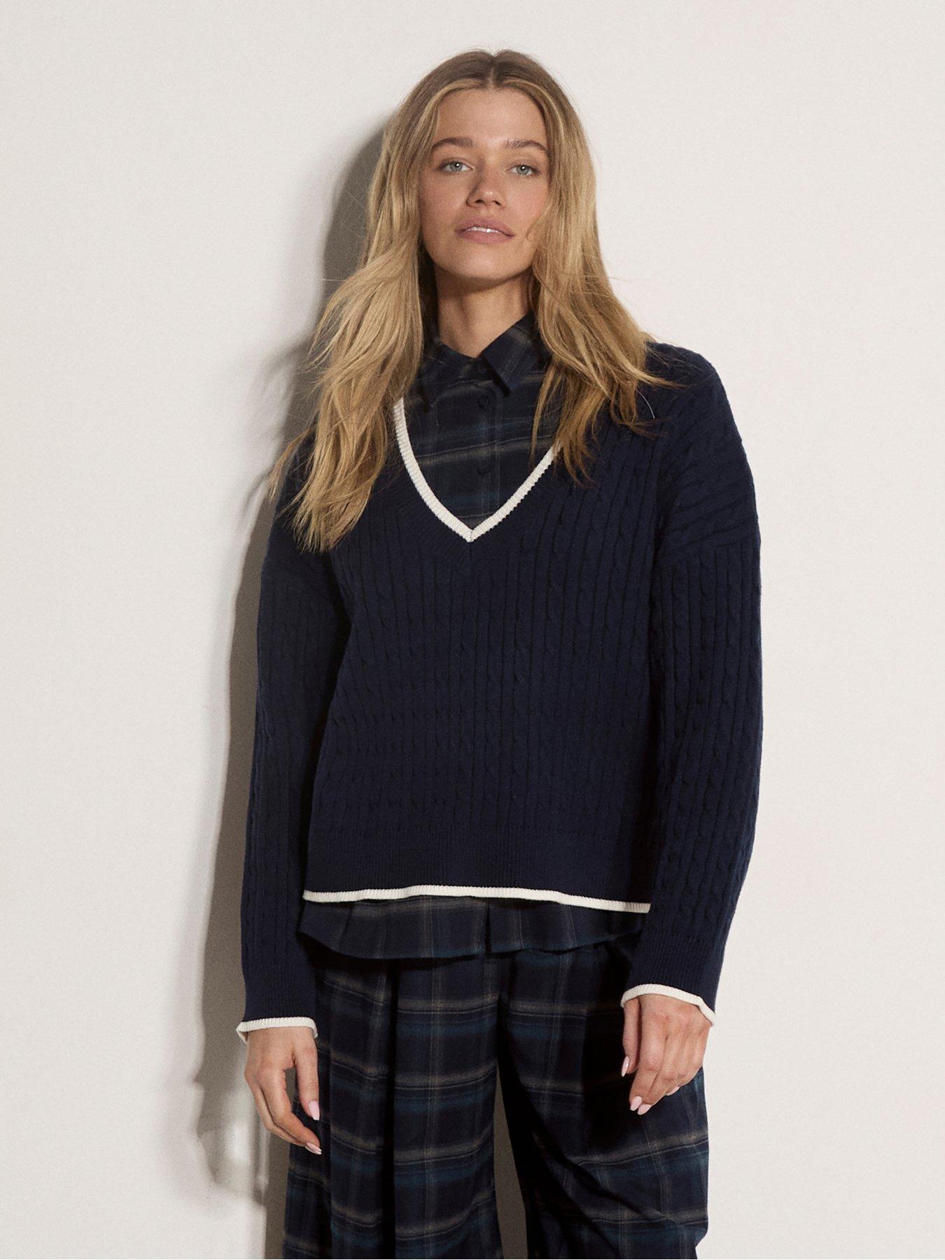 Apricot Apricot V Neck Tipped O/s Cable Jumper
