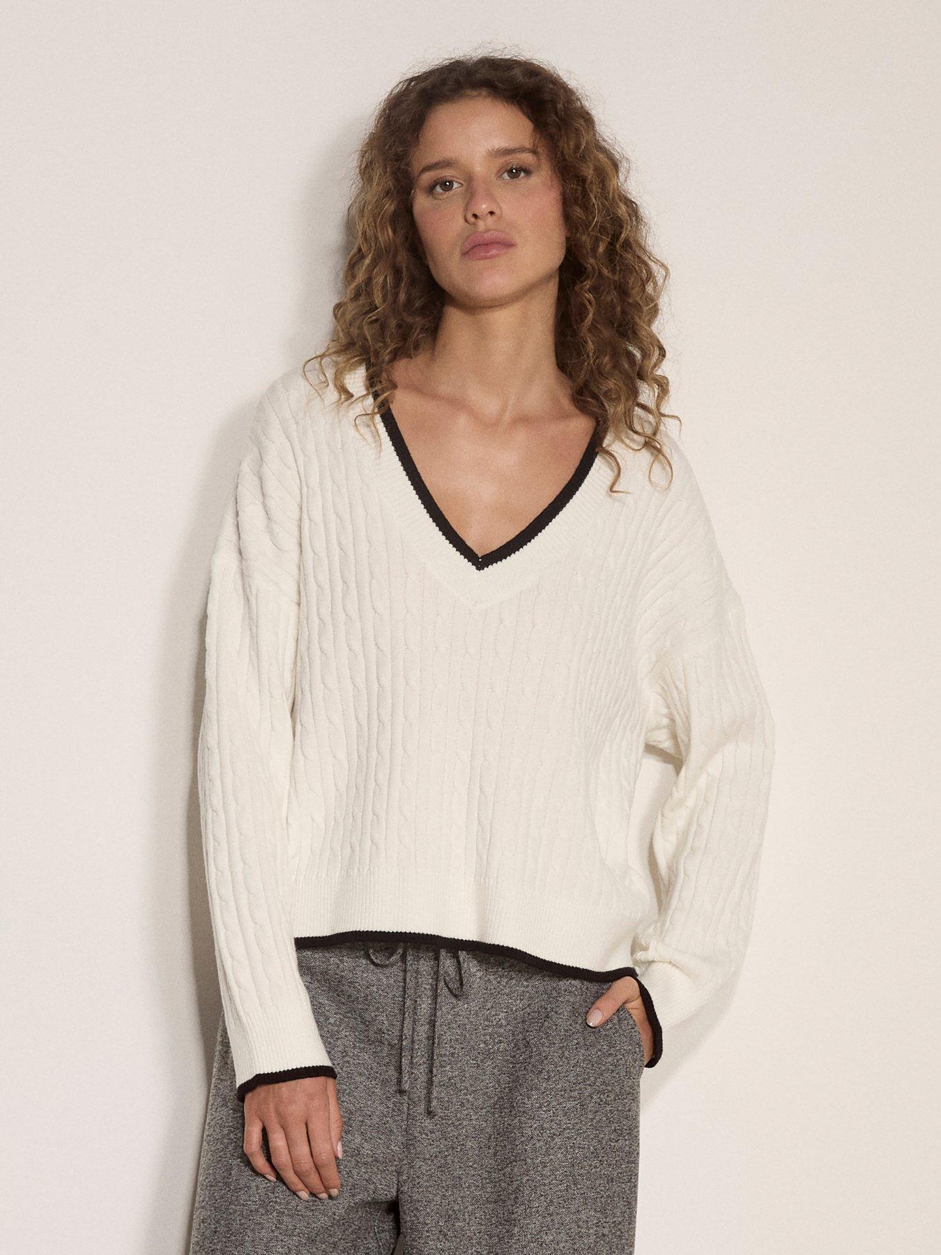 Image 1 of 4 of Apricot Womens V-Neck Tipped Cable Knit Jumper - White