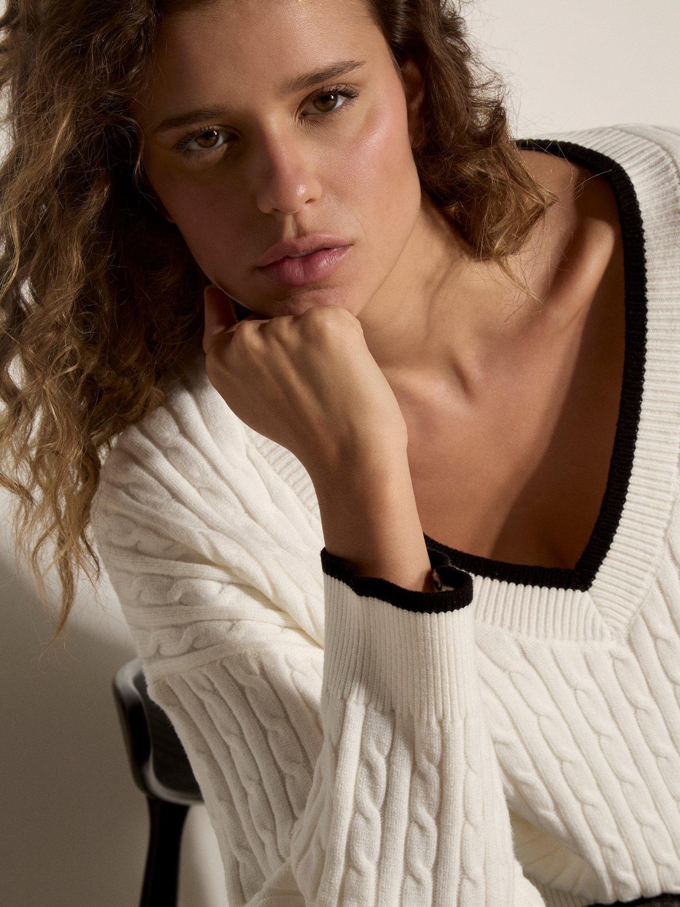 Image 4 of 4 of Apricot Womens V-Neck Tipped Cable Knit Jumper - White