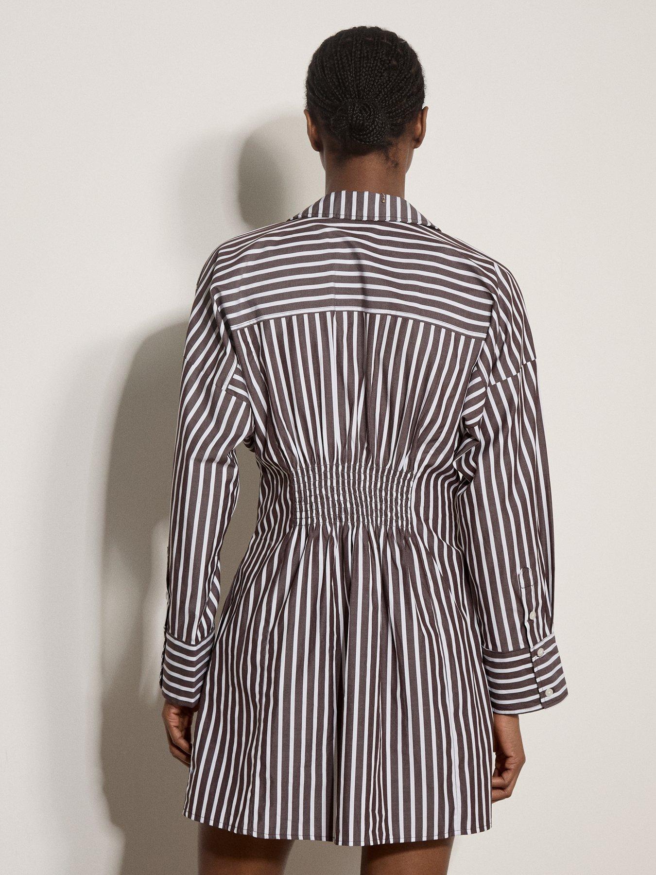 Image 2 of 5 of Apricot Womens Pleated Shirred Waist Stripe Shirt Dress - Brown