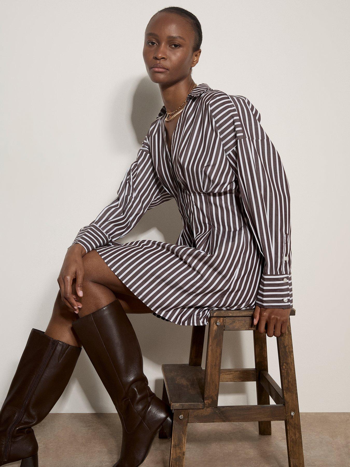Image 4 of 5 of Apricot Womens Pleated Shirred Waist Stripe Shirt Dress - Brown
