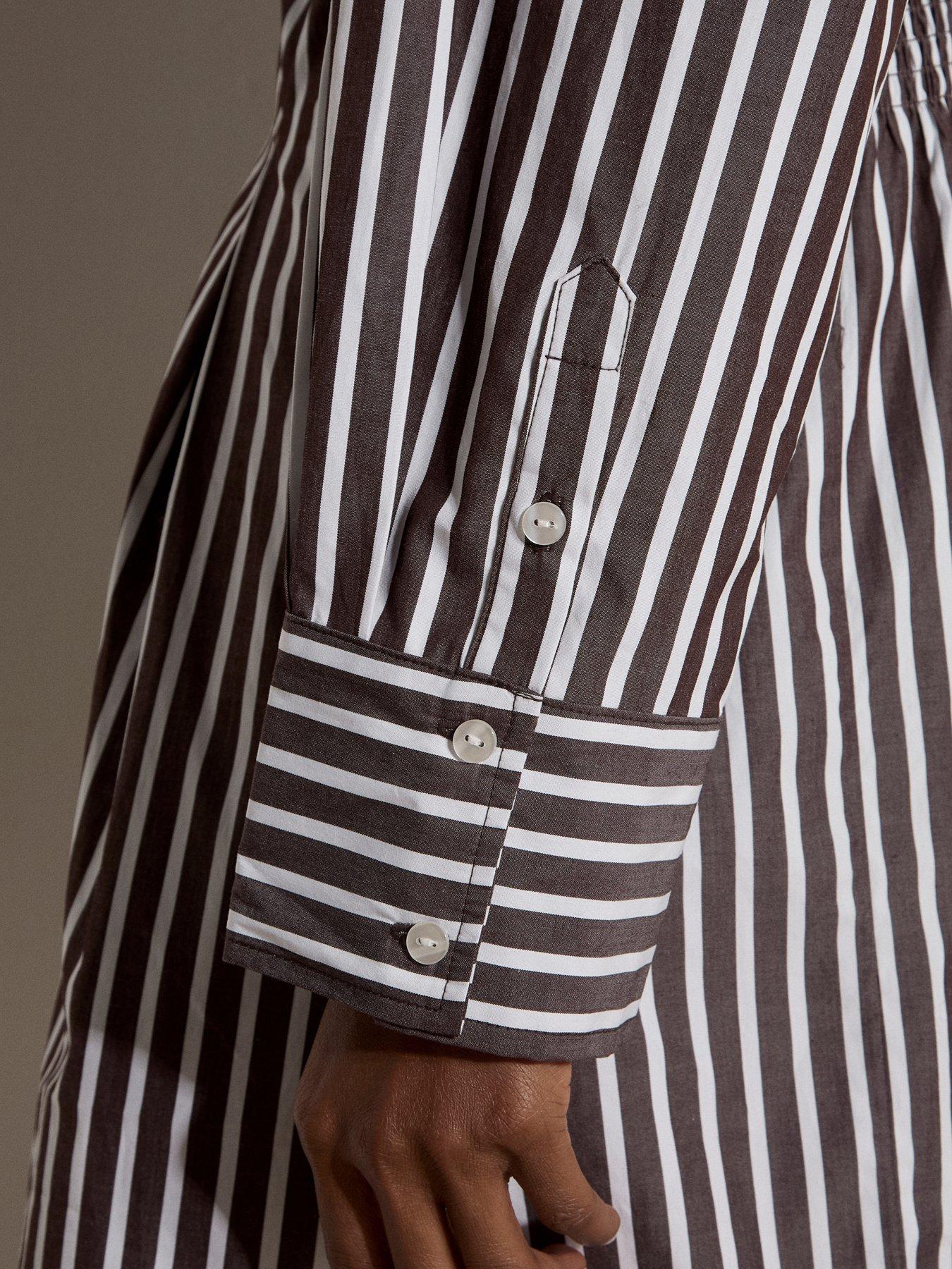 Image 5 of 5 of Apricot Womens Pleated Shirred Waist Stripe Shirt Dress - Brown