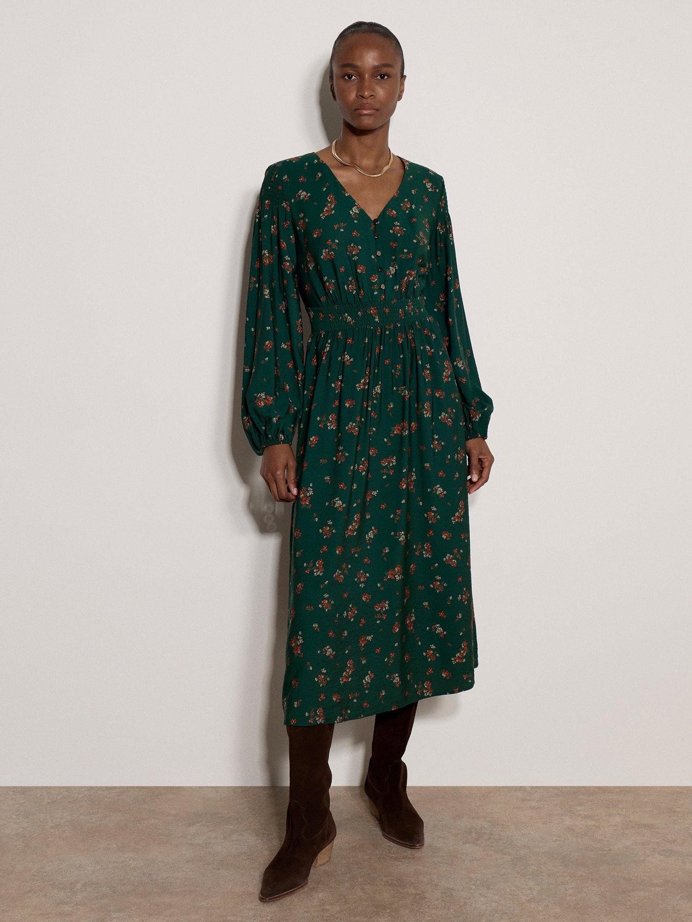 Image 1 of 4 of Apricot Womens Shirred Waist V-Neck Button Front Midi Dress - Green