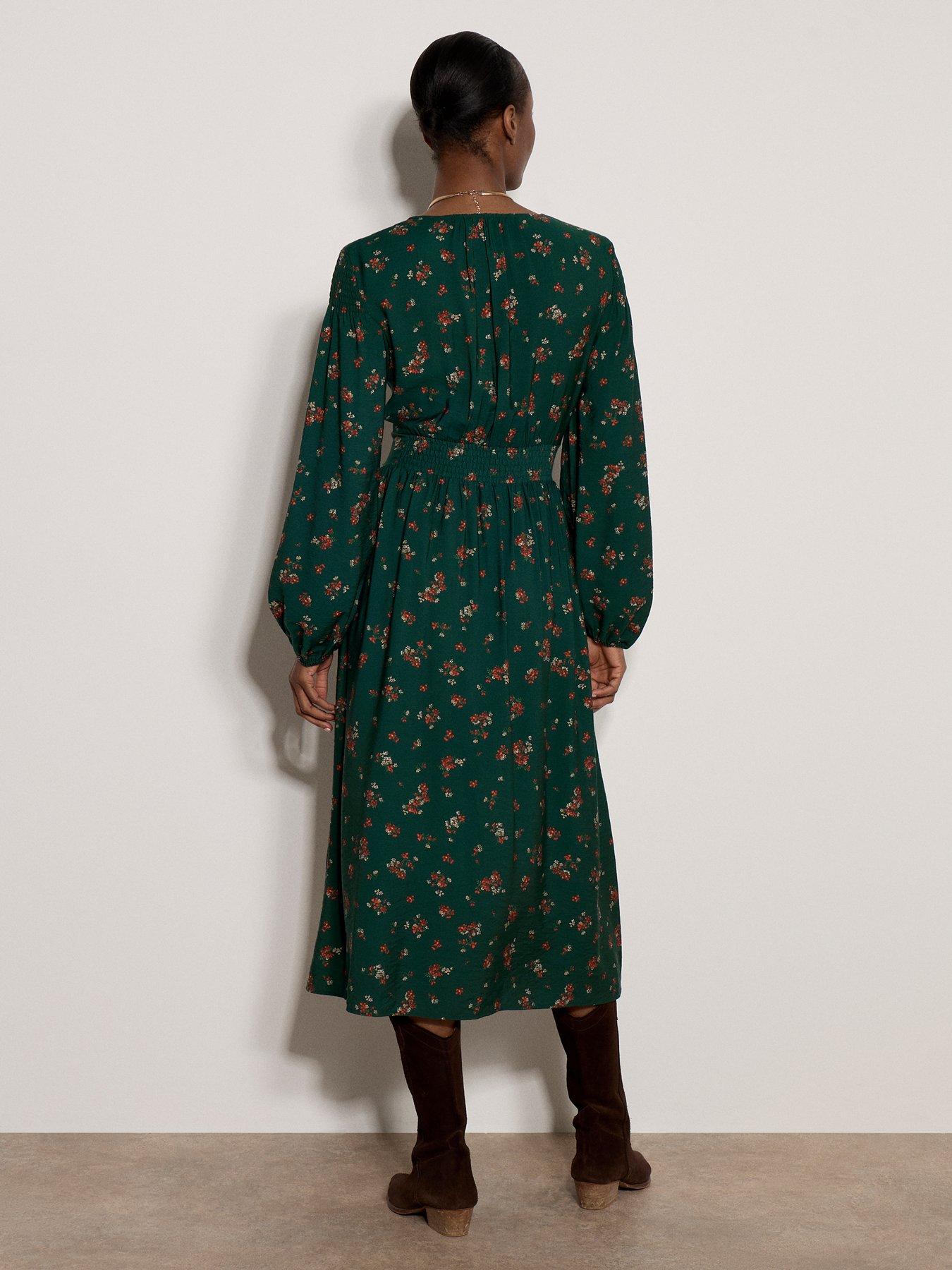 Image 2 of 4 of Apricot Womens Shirred Waist V-Neck Button Front Midi Dress - Green