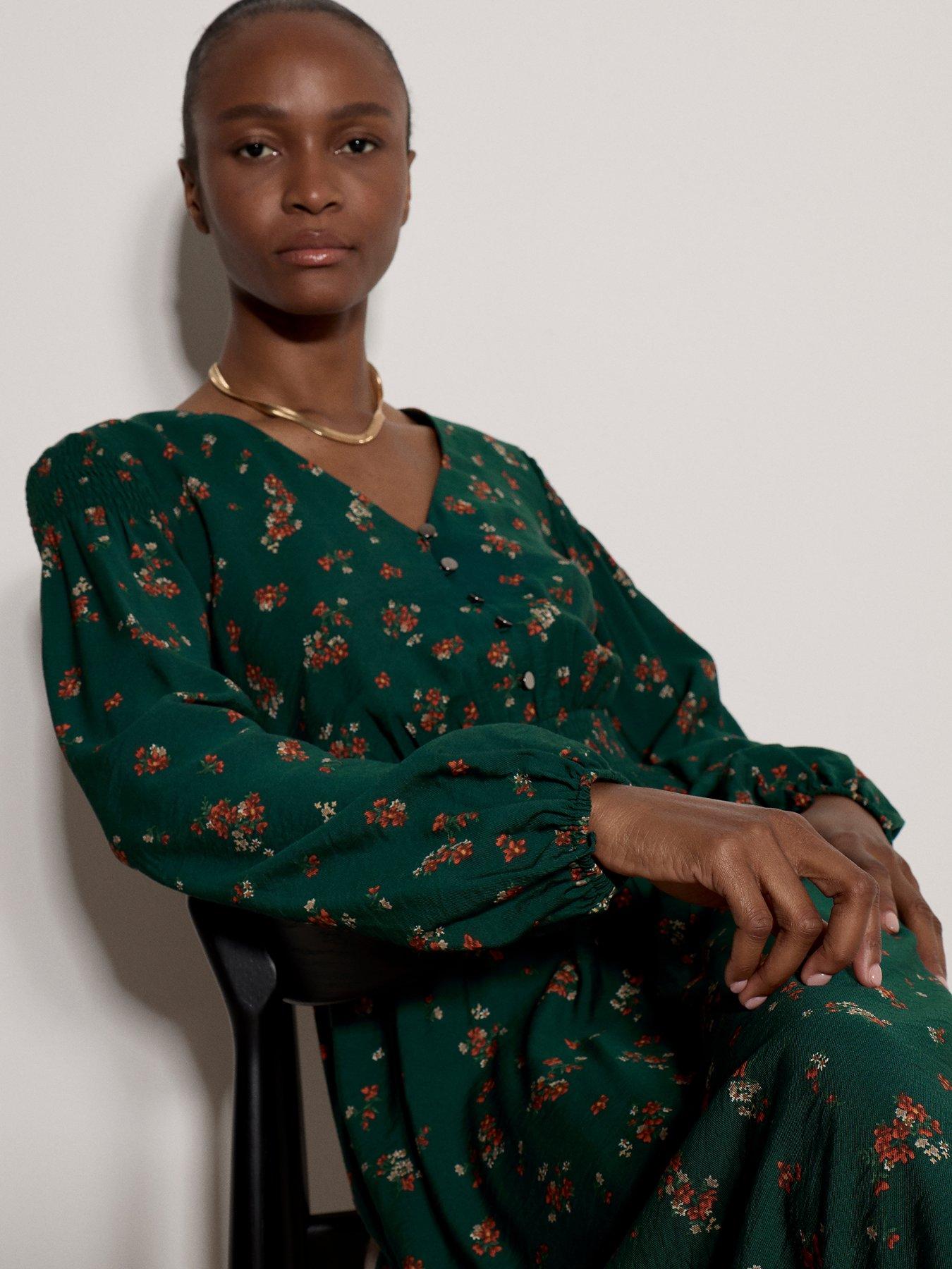 Image 3 of 4 of Apricot Womens Shirred Waist V-Neck Button Front Midi Dress - Green