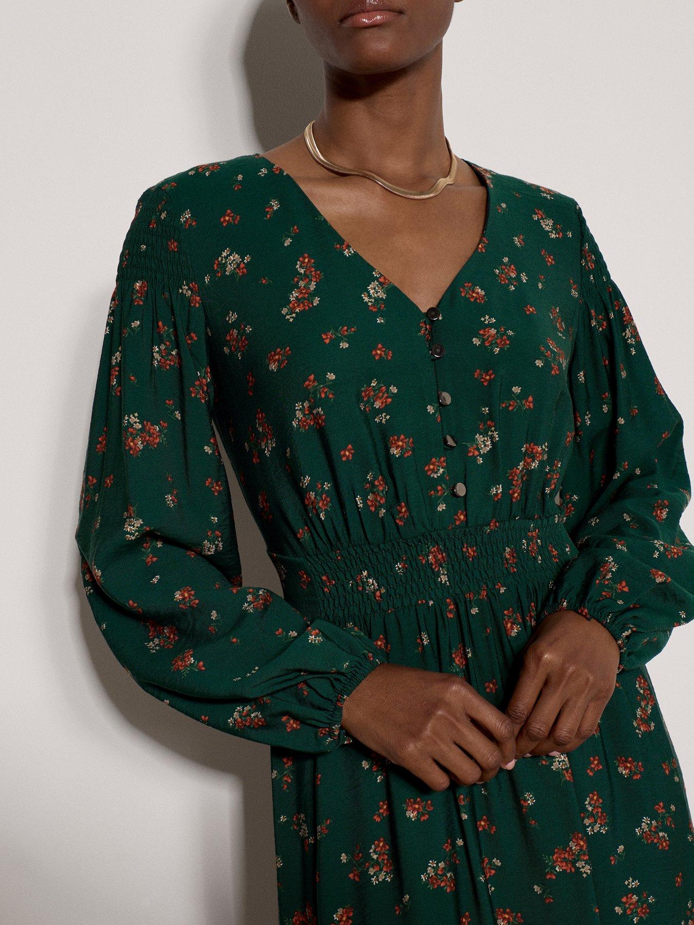 Image 4 of 4 of Apricot Womens Shirred Waist V-Neck Button Front Midi Dress - Green