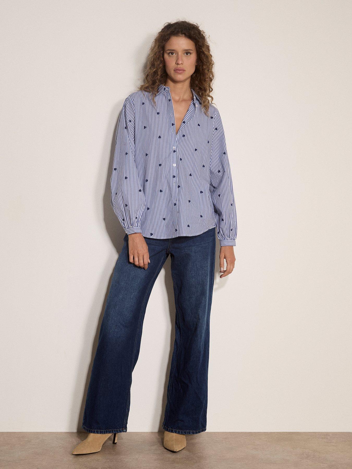 Image 3 of 4 of Apricot Womens Heart Embroidered Stripe Relaxed Shirt - Blue