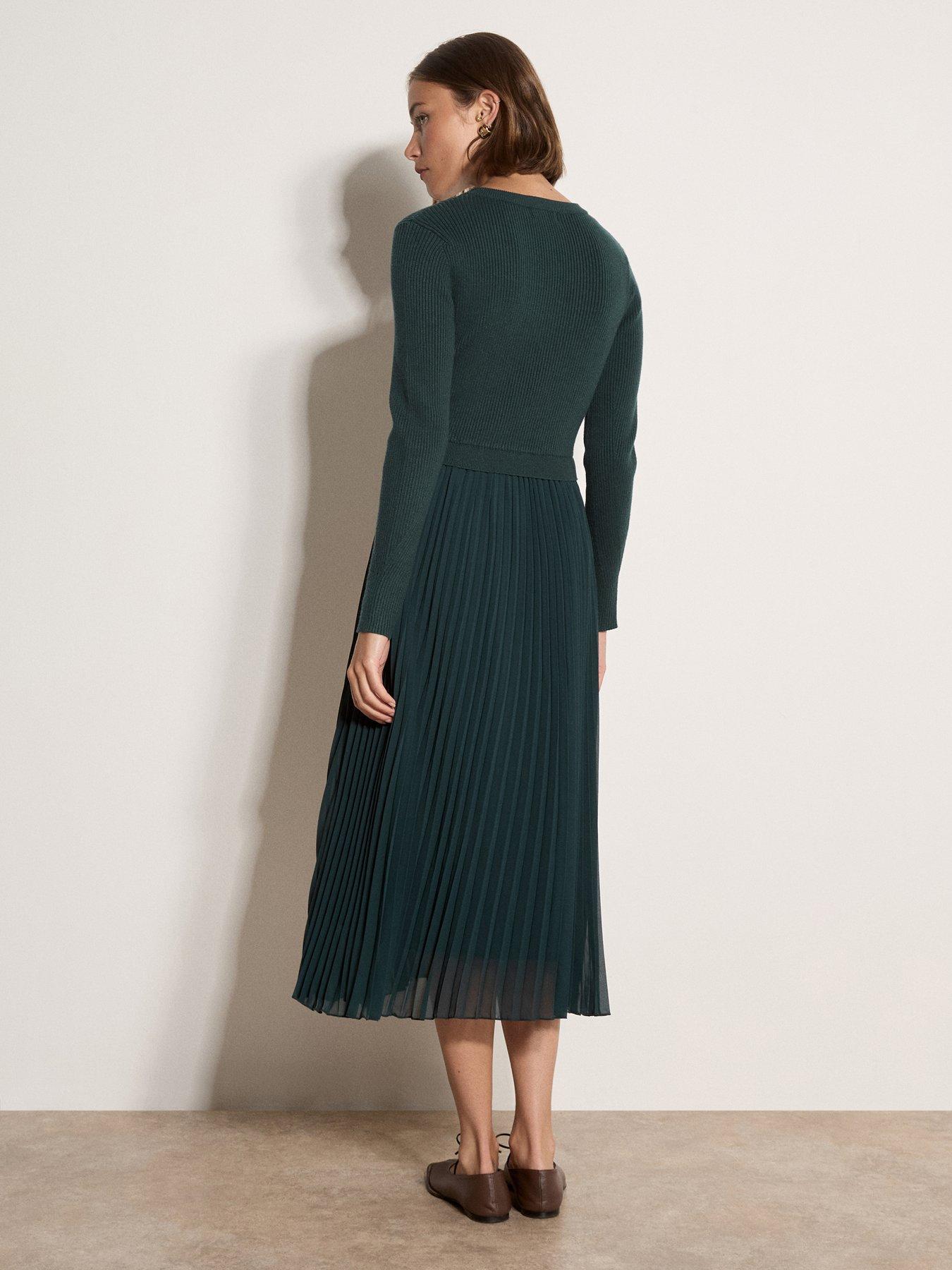 Image 2 of 4 of Apricot Womens Ribbed Knit Pleated Midi Jumper Dress - Green
