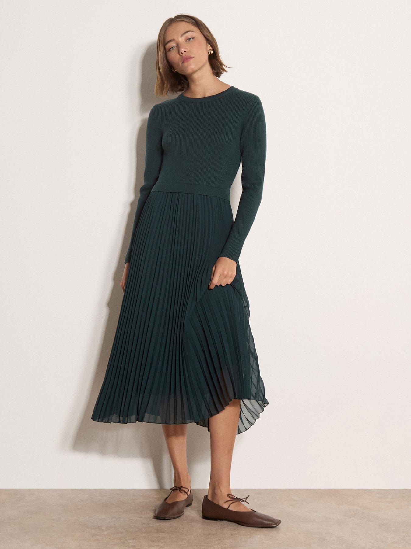 Image 3 of 4 of Apricot Womens Ribbed Knit Pleated Midi Jumper Dress - Green