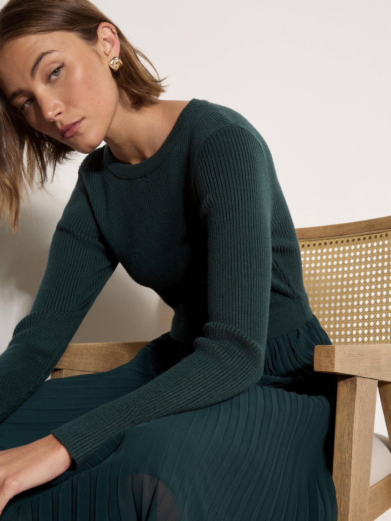 Image 4 of 4 of Apricot Womens Ribbed Knit Pleated Midi Jumper Dress - Green