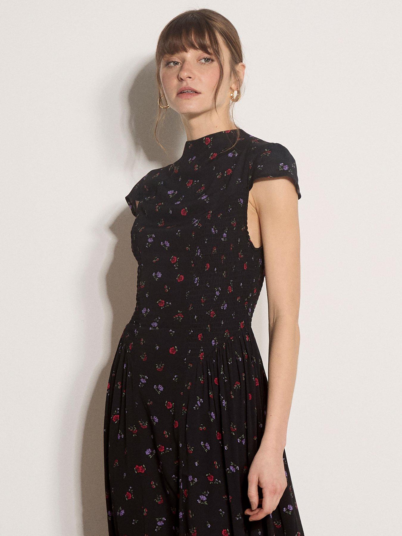 Image 3 of 4 of Apricot Womens Ditsy Ruching High Neck Midi Dress - Black