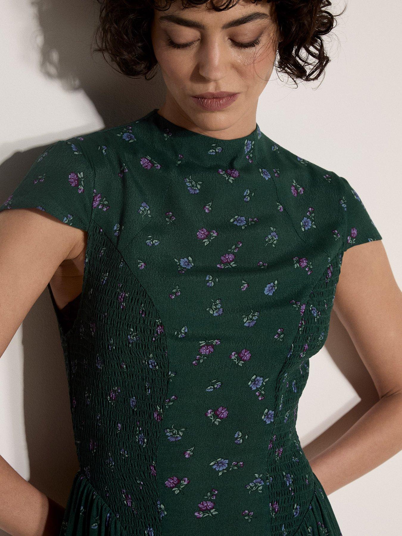 Image 4 of 4 of Apricot Womens High Neck Shirred Side Panel Midi Dress - Green