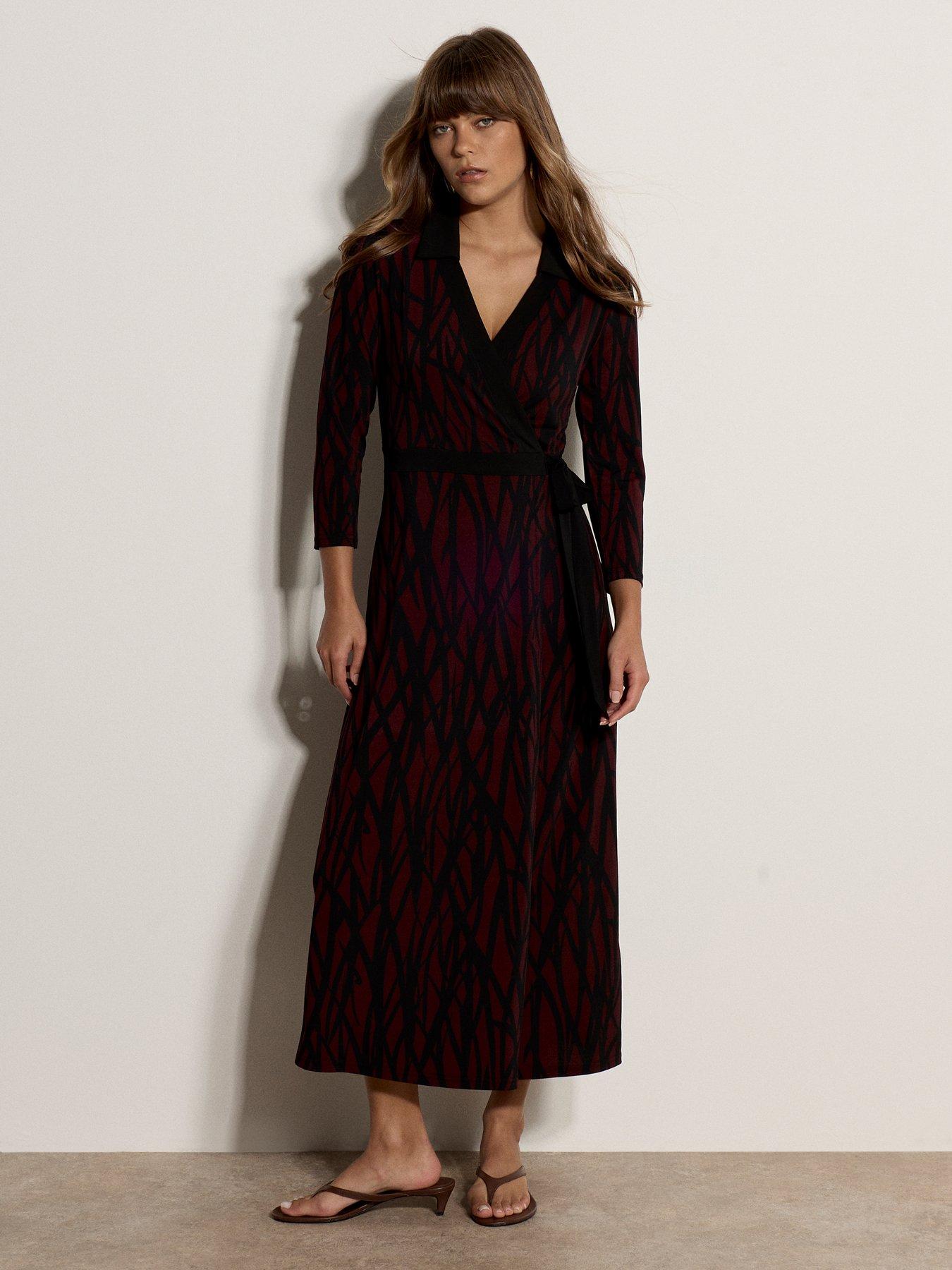 Image 1 of 5 of Apricot Womens Wrap Collared 3/4 Sleeve Dress - Red