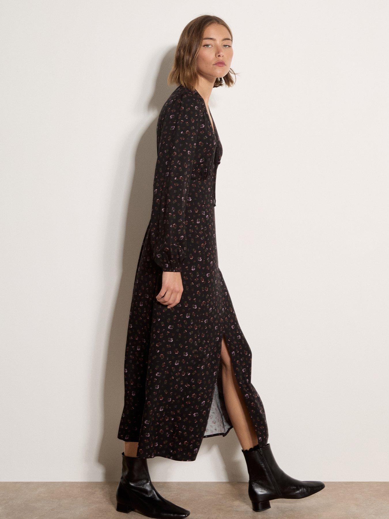 Image 3 of 4 of Apricot Womens Vintage Ditsy Split Front Tie Neck Dress - Black