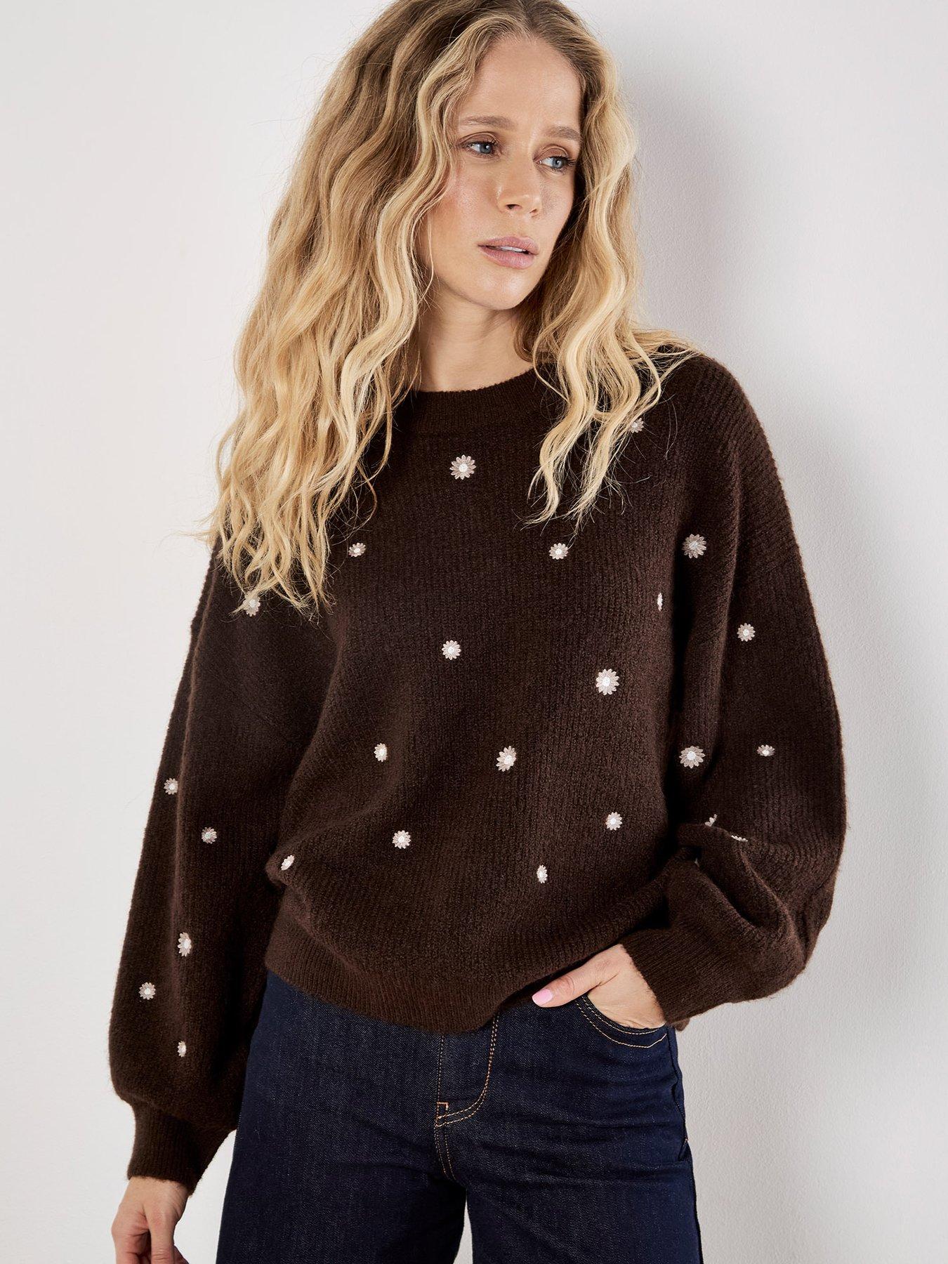 Apricot Apricot Daisy Embroidered Ribbed Jumper