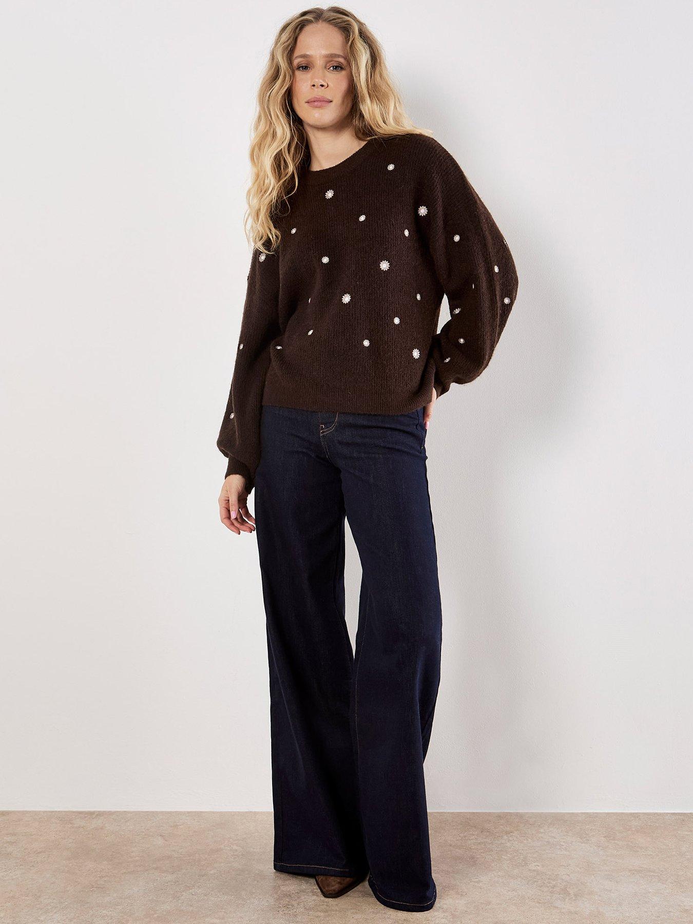 Image 3 of 4 of Apricot Apricot Daisy Embroidered Ribbed Jumper