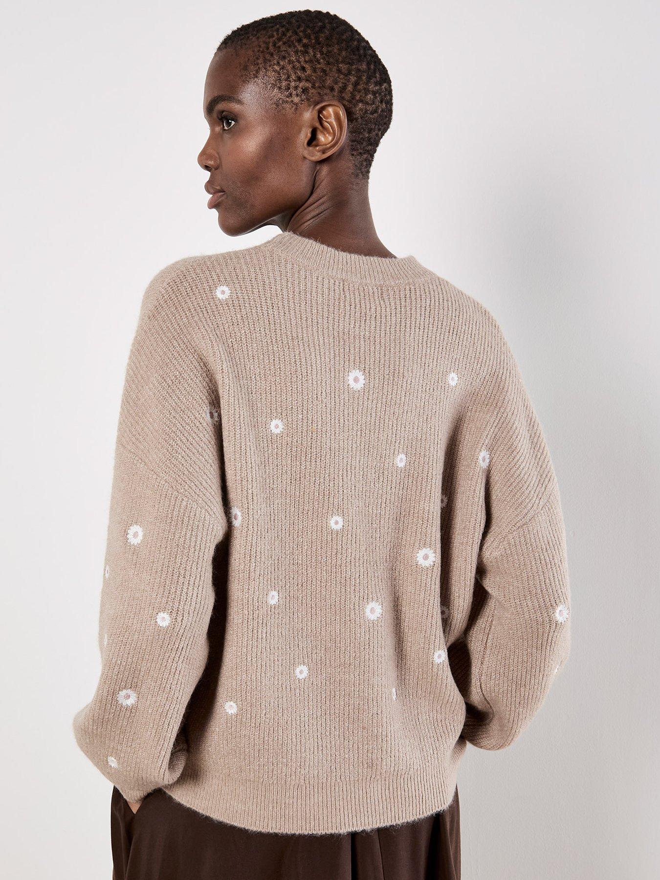 Image 2 of 5 of Apricot Daisy Embroidered Ribbed Jumper - Beige