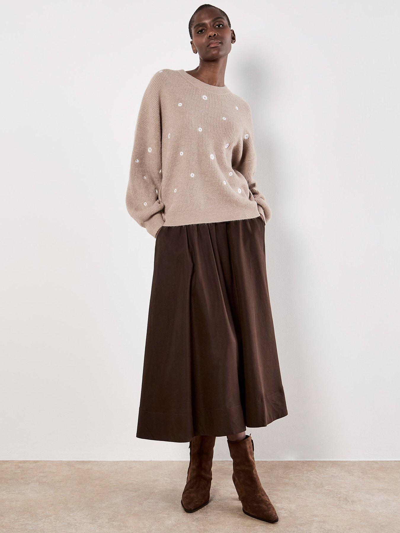 Image 3 of 5 of Apricot Daisy Embroidered Ribbed Jumper - Beige