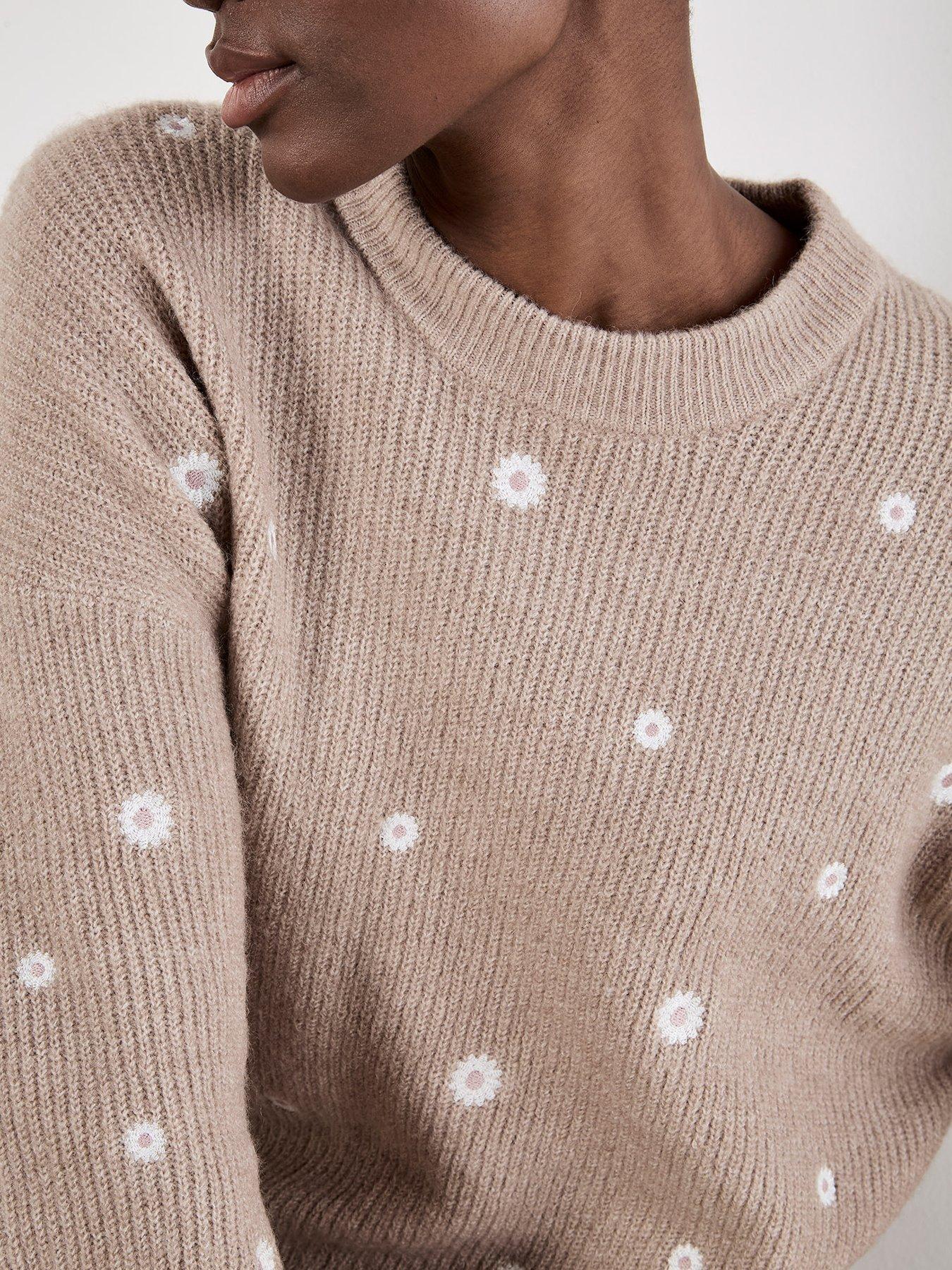 Image 5 of 5 of Apricot Daisy Embroidered Ribbed Jumper - Beige