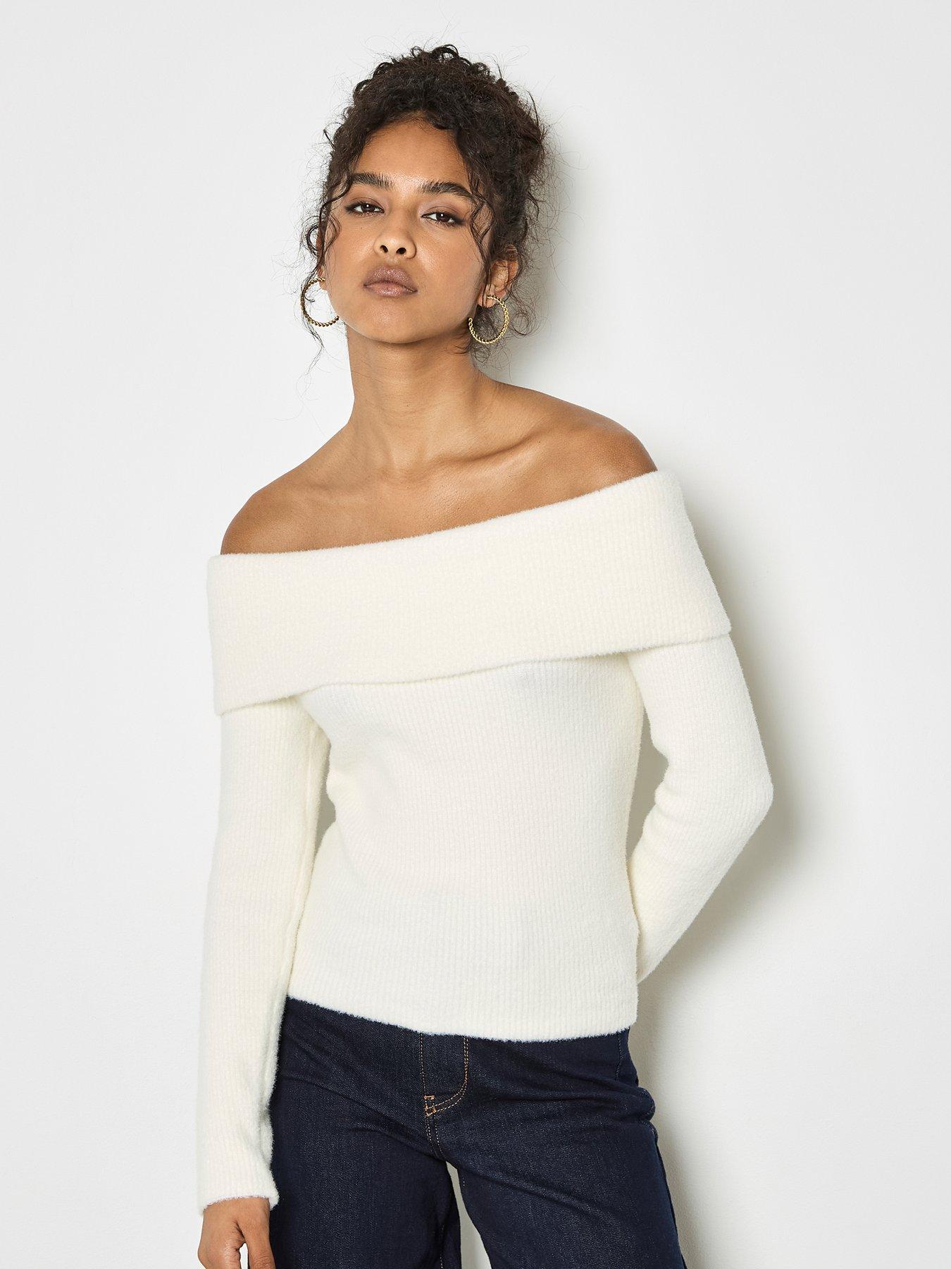Apricot Apricot Fuzzy Ribbed Bardot Jumper